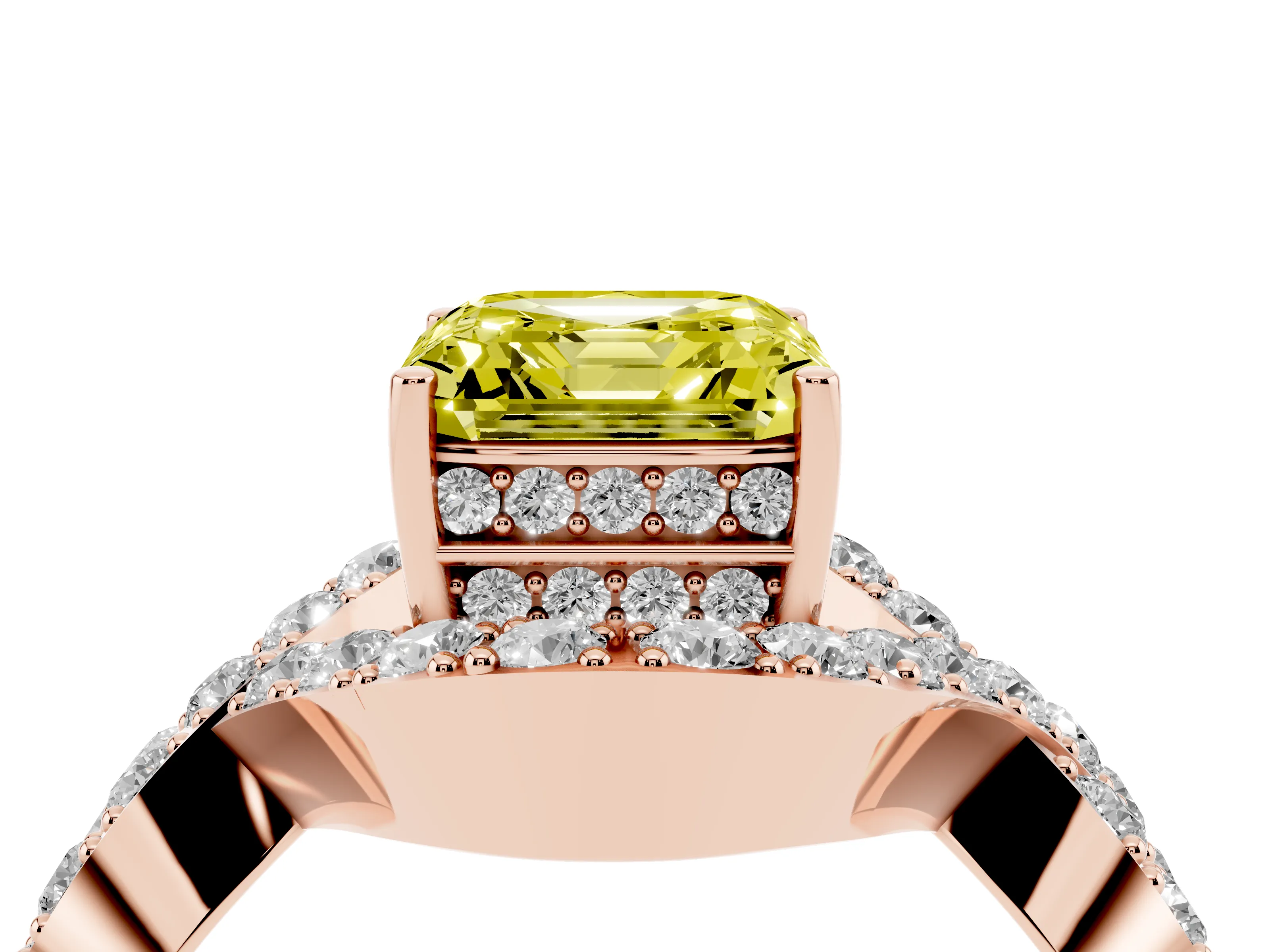 Fancy Yellow Asscher Cut Diamond Solitaire Twist Band Pavé Engagement Ring Set in Rose gold