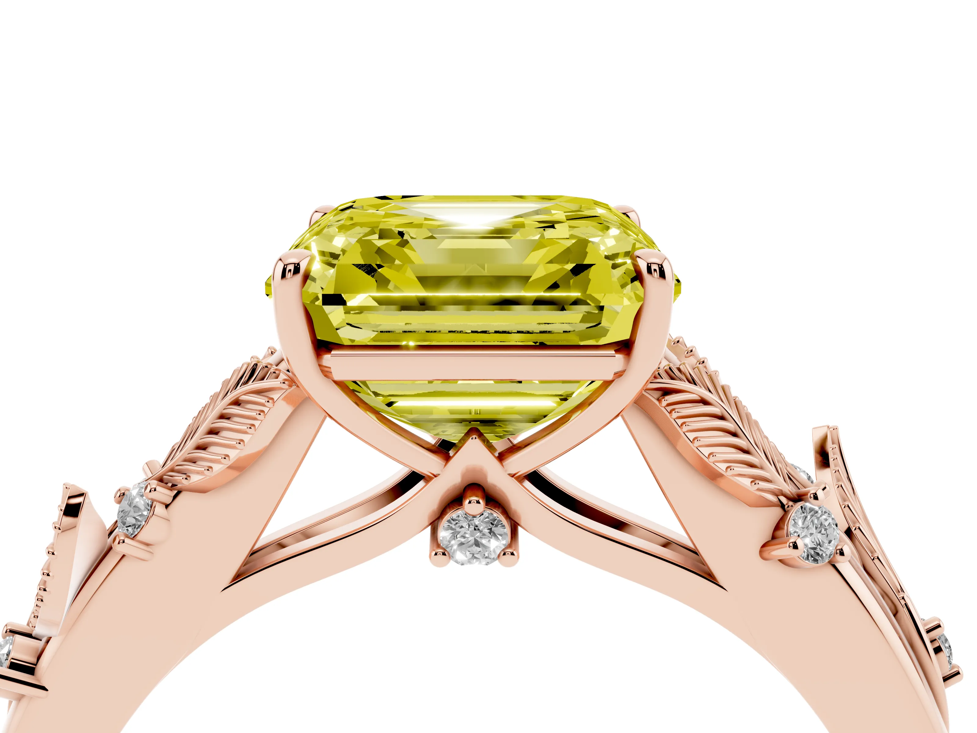 Fancy Yellow Asscher Cut Diamond Solitaire Ring Set in Rose gold with Leaf Motif Band