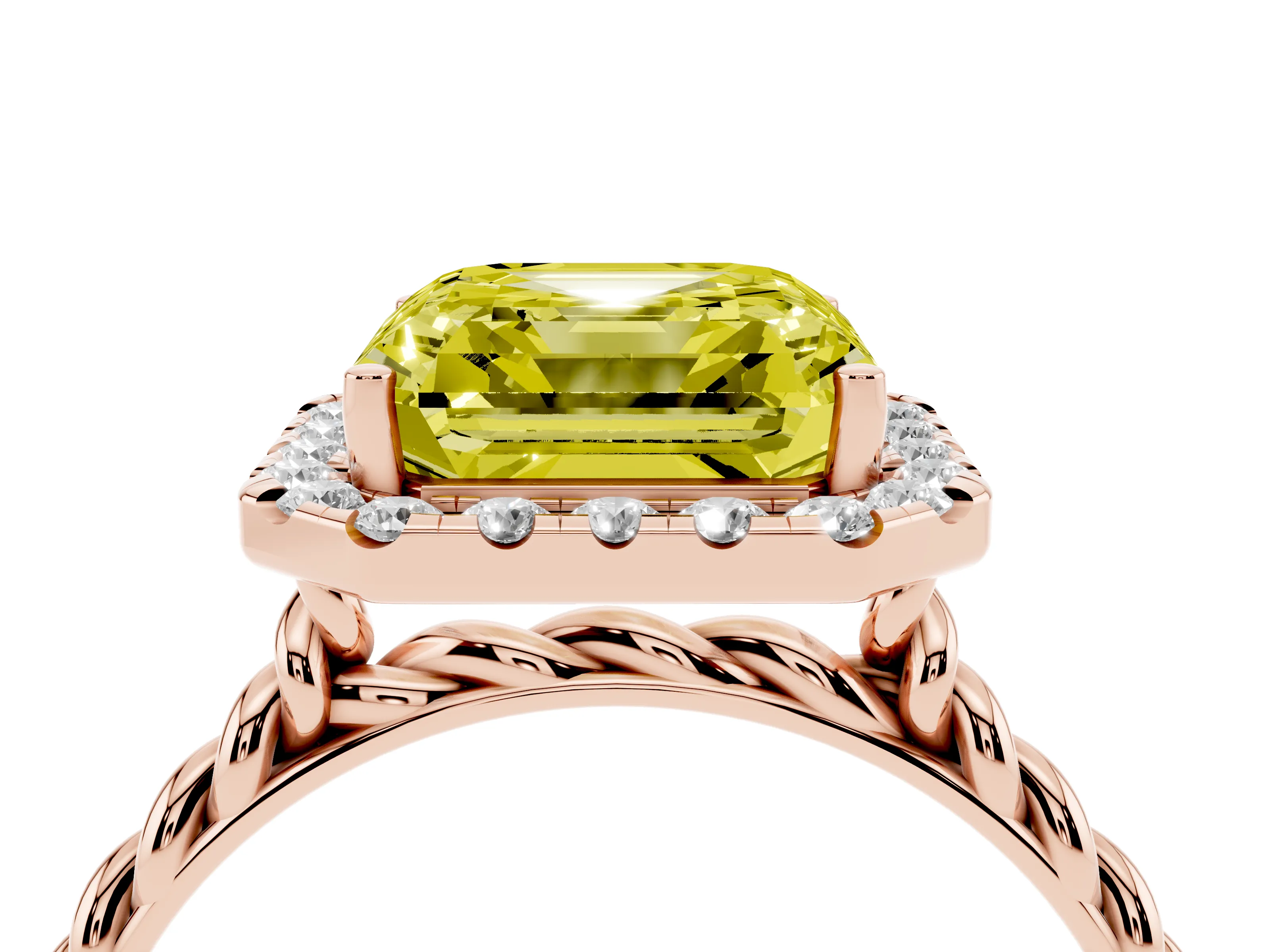Fancy Yellow Asscher Cut Diamond Halo Ring Set in Rose gold with Plain Twisted Band