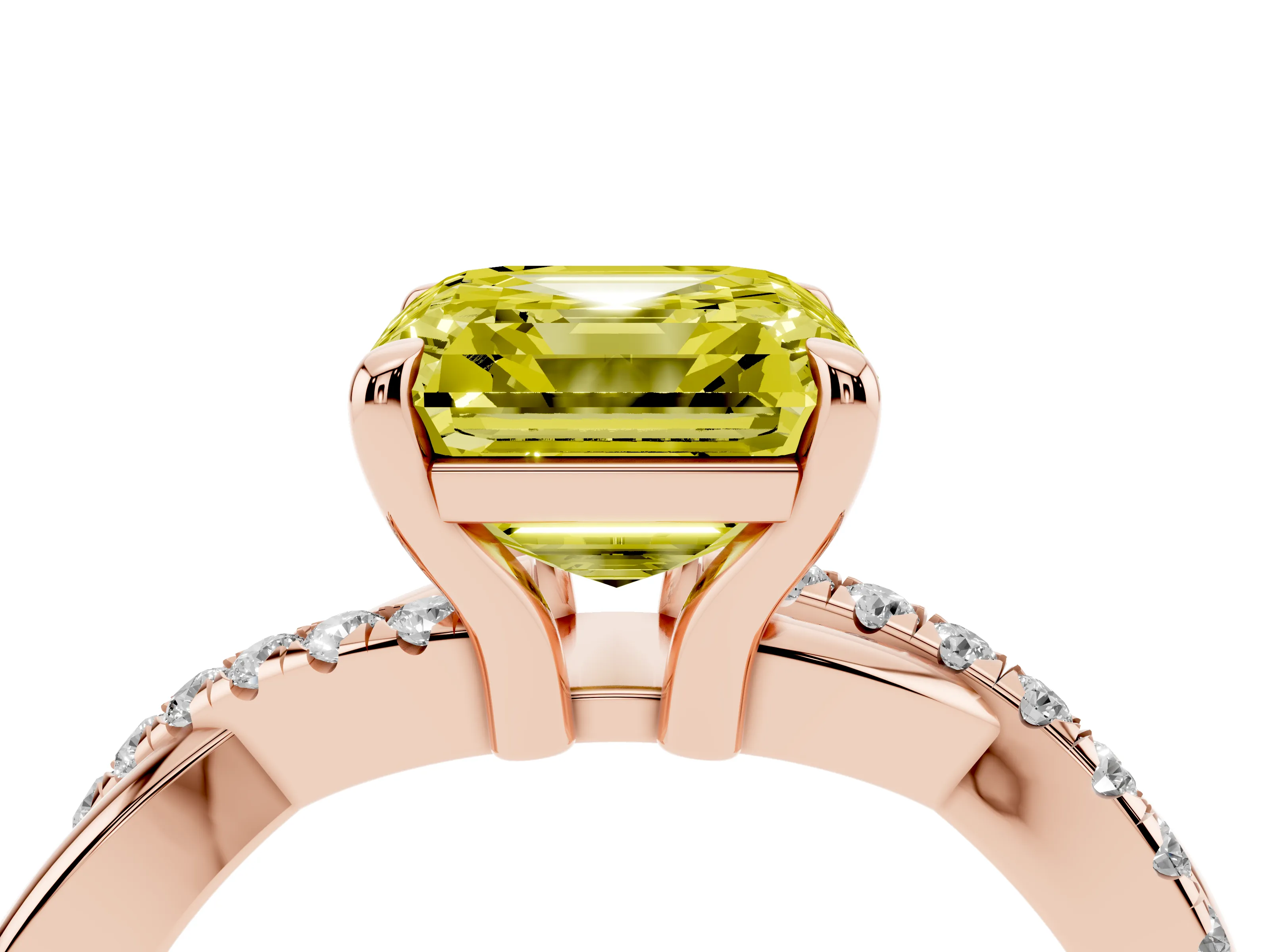 Fancy Yellow Asscher Cut Diamond Twist Band Pavé Solitaire Ring Set in Rose gold with Prong Setting