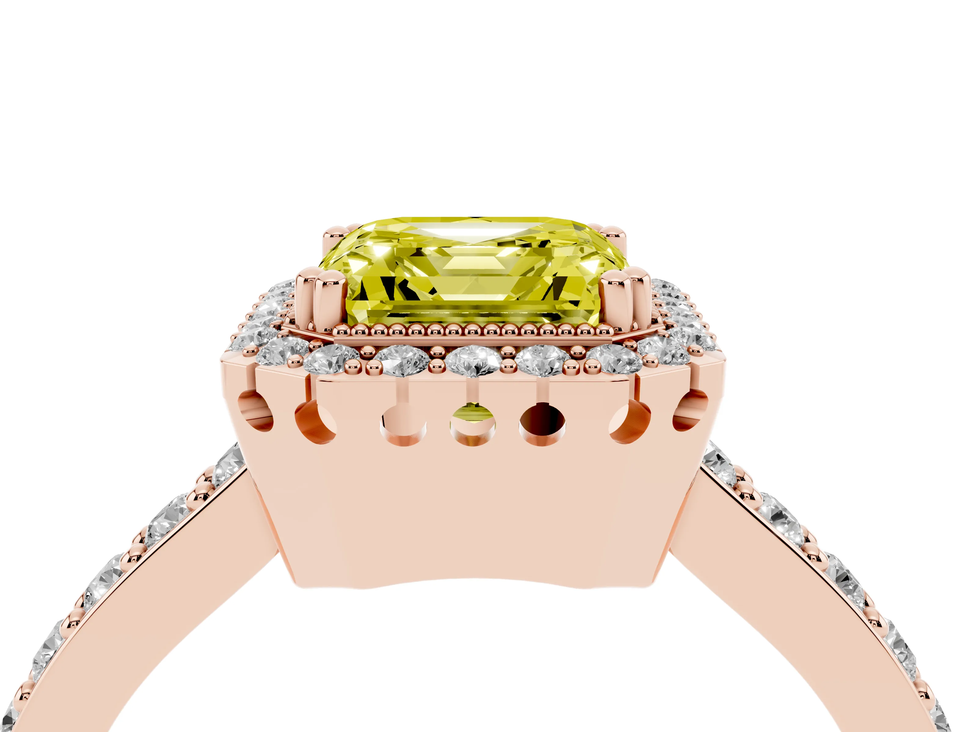 Fancy Yellow Asscher Cut Diamond Halo Engagement Ring Set in Rose gold with Milgrain Detail and Pavé Band