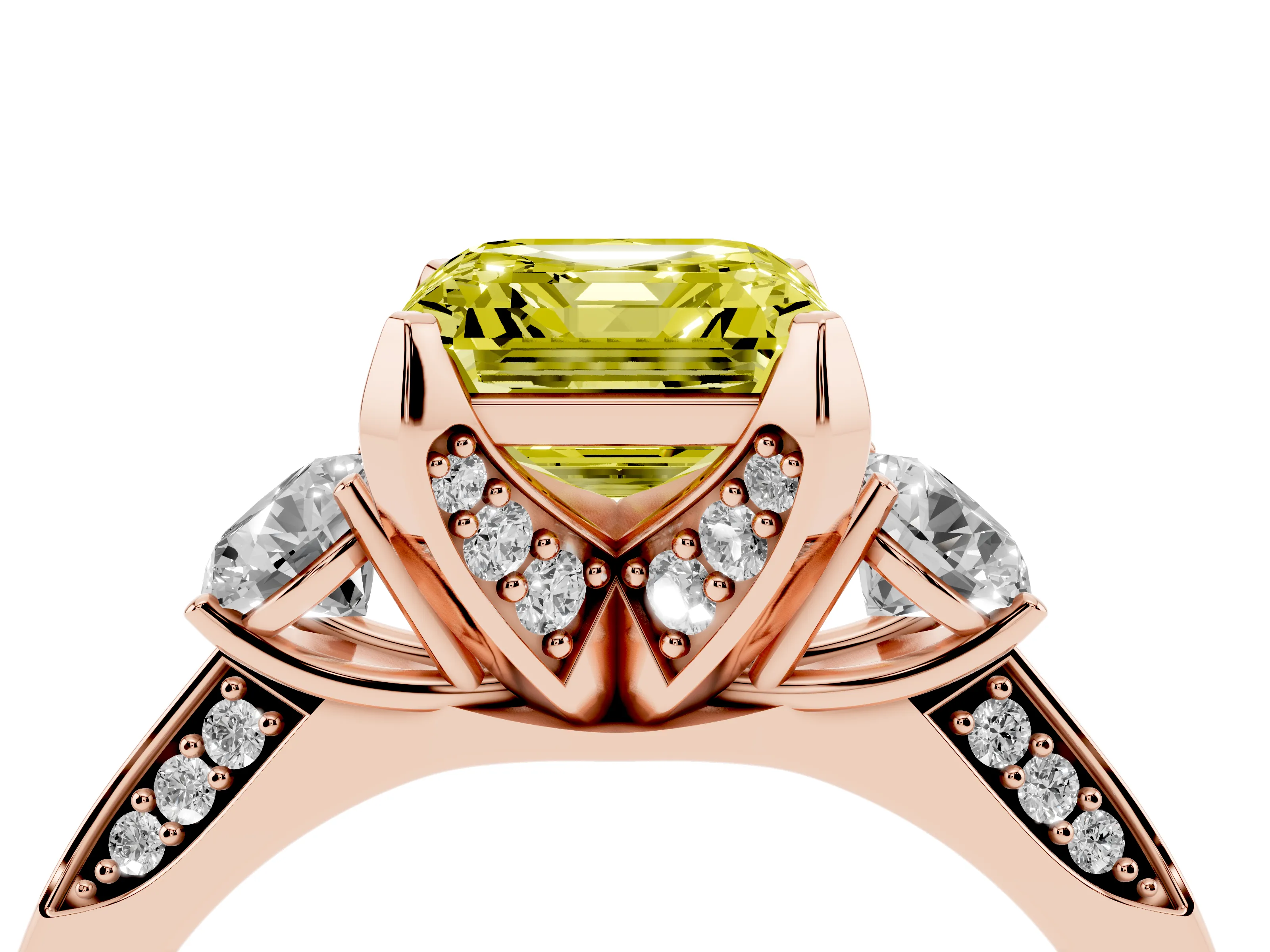 Fancy Yellow Asscher Cut Diamond Three-Stone Ring Set in Rose gold with Pavé Band and Smaller Side Stones