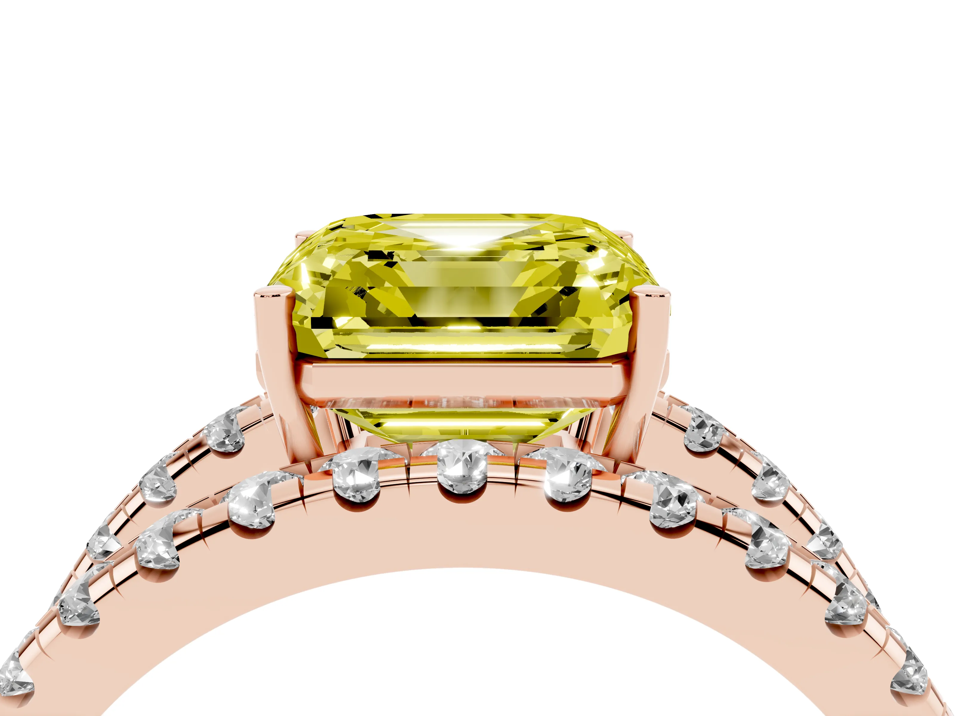 Fancy Yellow Asscher Cut Diamond Split Shank Pavé Solitaire Ring Set in Rose gold with Open Shank Design