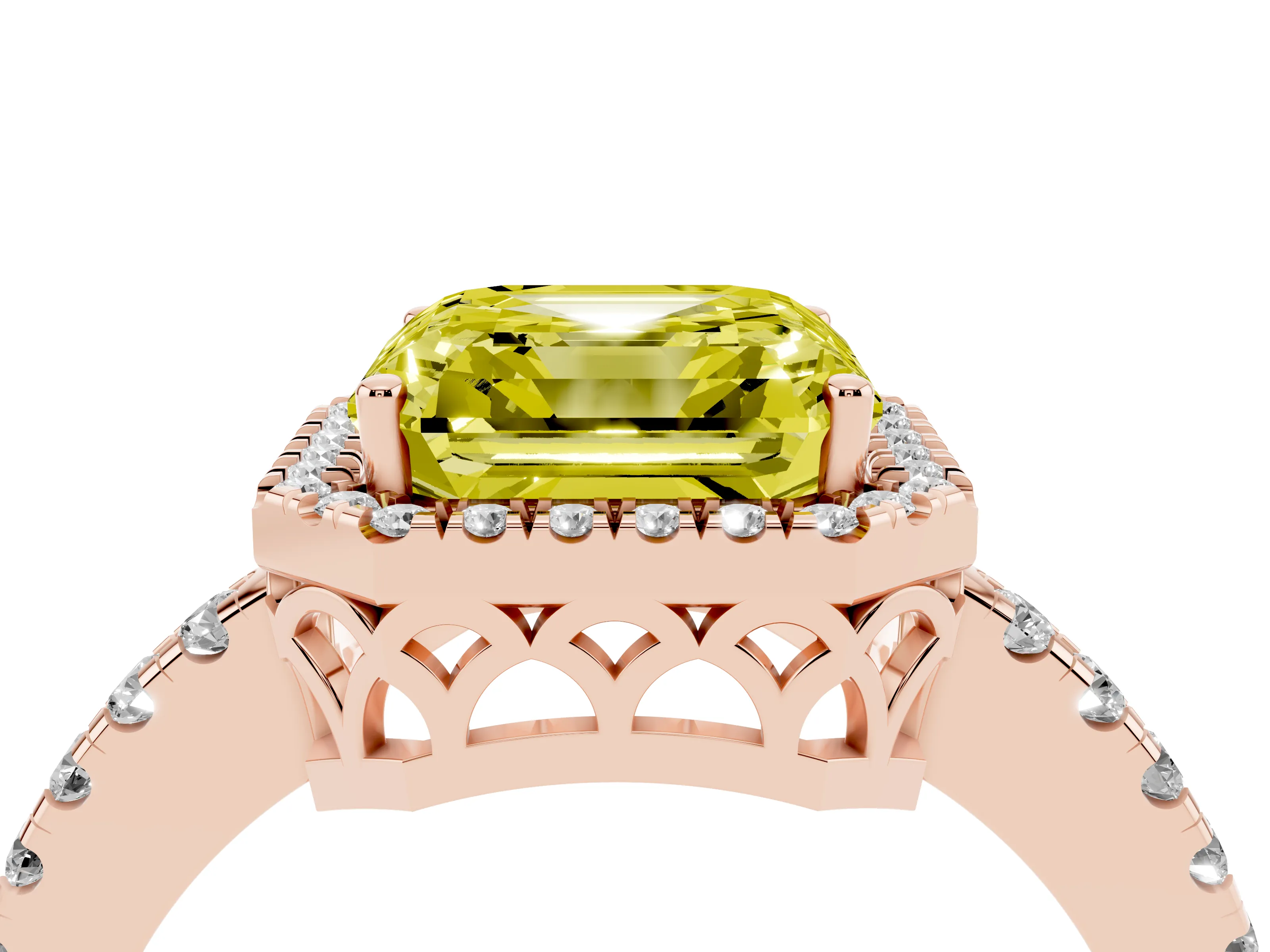 Fancy Yellow Asscher Cut Diamond Pavé Band Halo Engagement Ring Set in Rose gold with Prong Setting