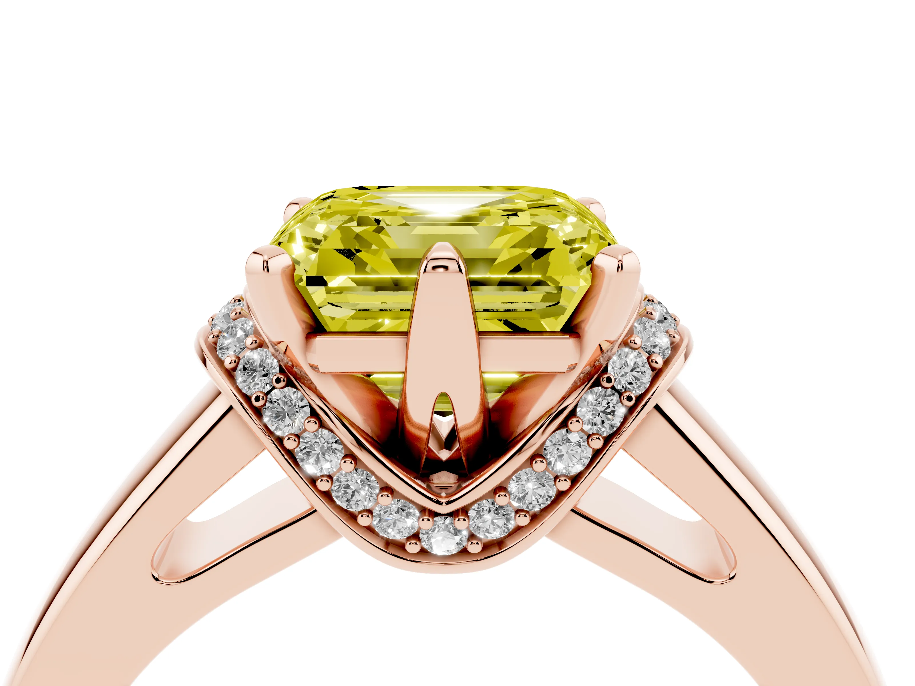 Fancy Yellow Asscher Cut Diamond Pavé Band Solitaire Ring Set in Rose gold with Prong Setting
