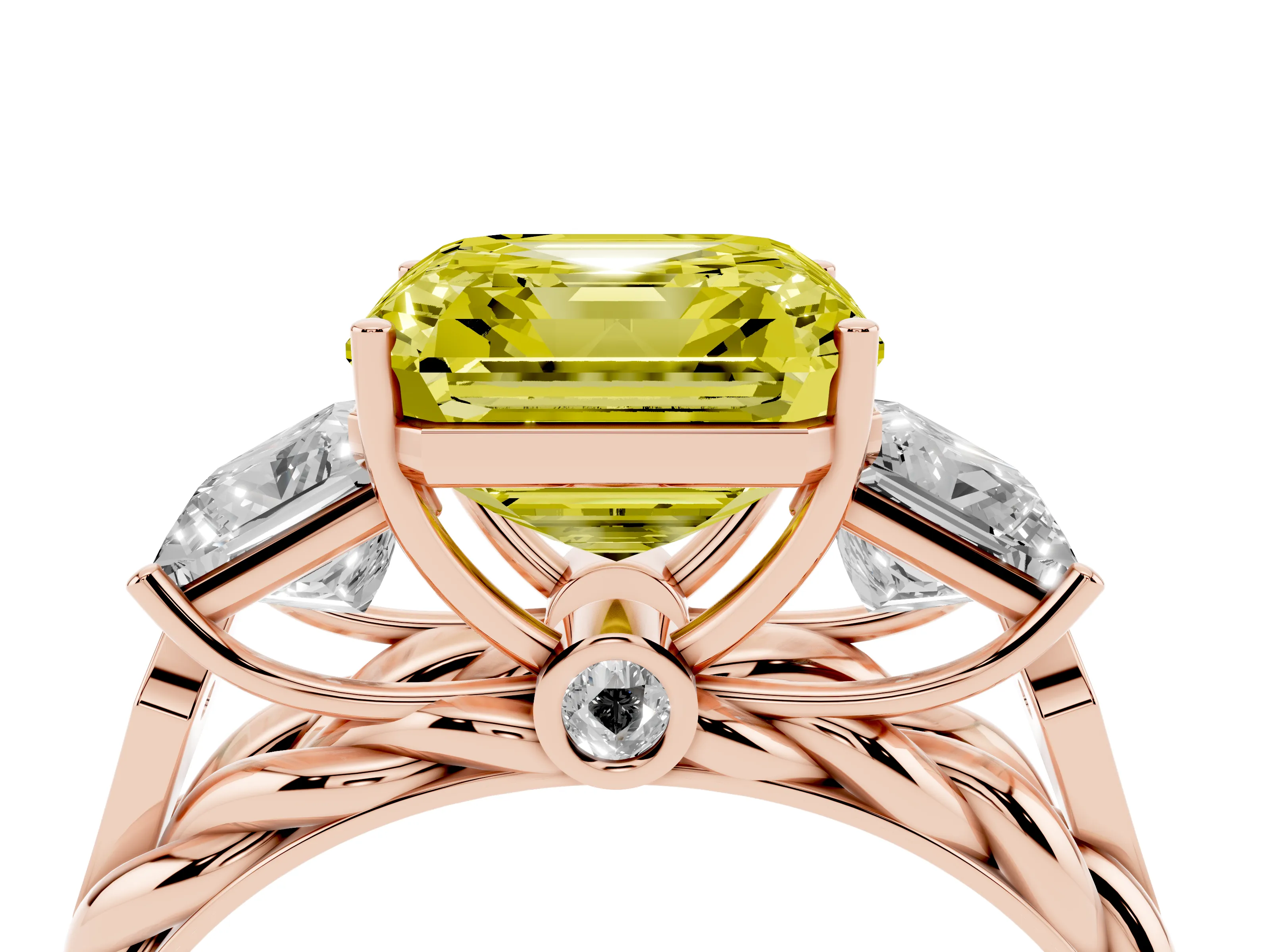 Fancy Yellow Asscher Cut Diamond Three-Stone Ring Set in Rose gold with Braided Band