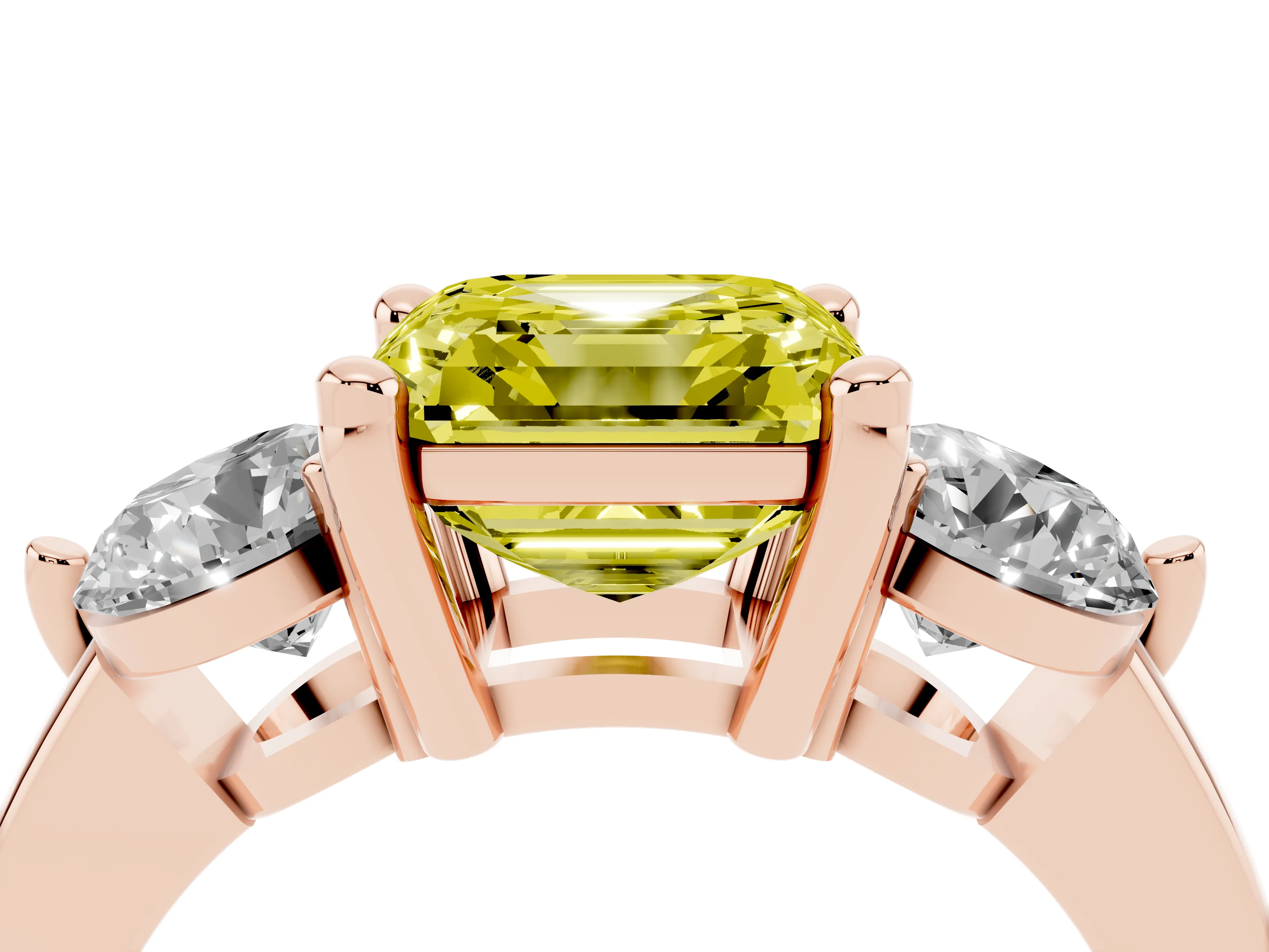 Fancy Yellow Asscher Cut Diamond Three-Stone Ring Set in Rose gold with Prong Setting and Classic Band