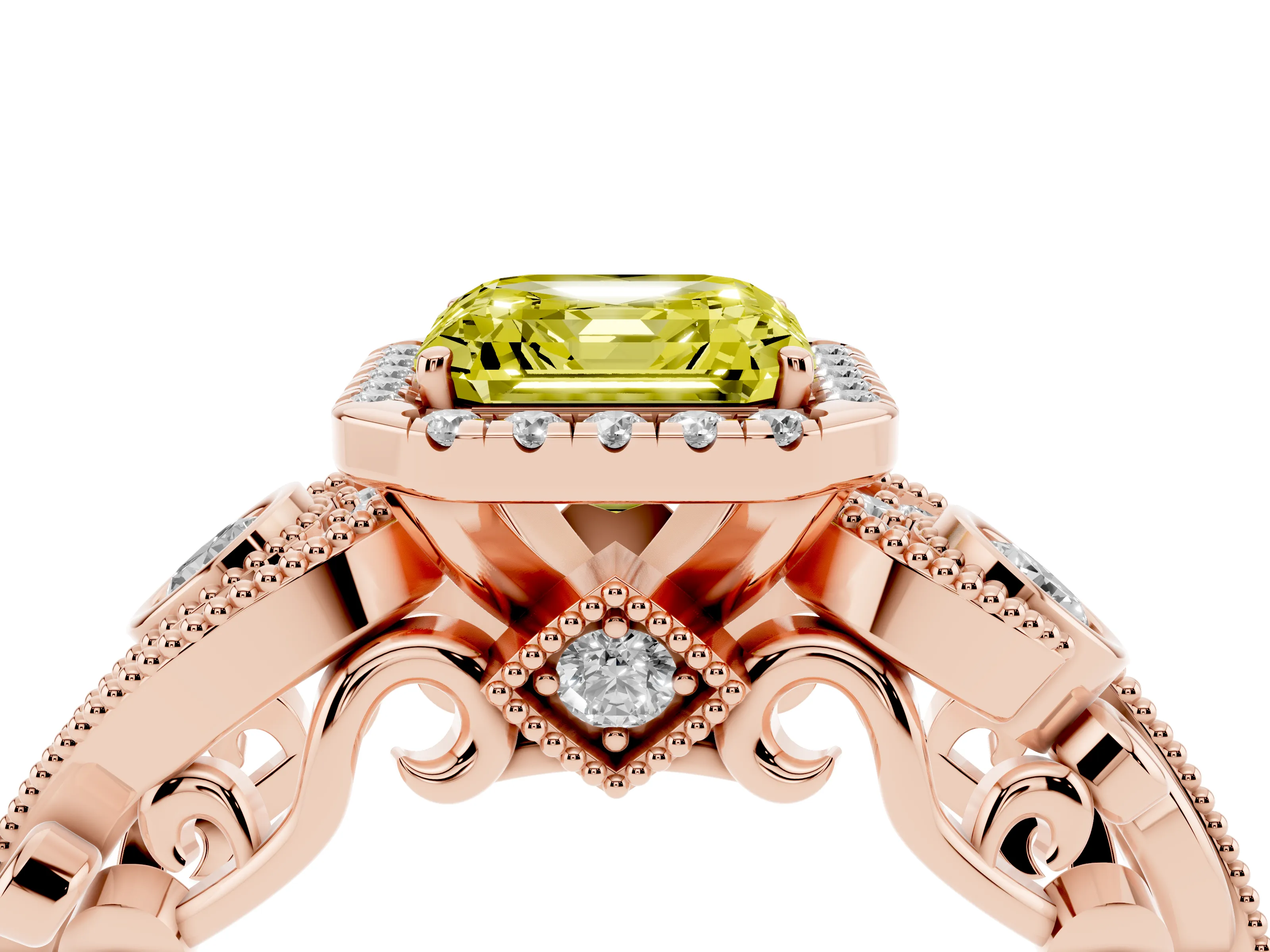 Fancy Yellow Asscher Cut Diamond Halo Ring Set in Rose gold with Milgrain Pavé Band and Prong Setting
