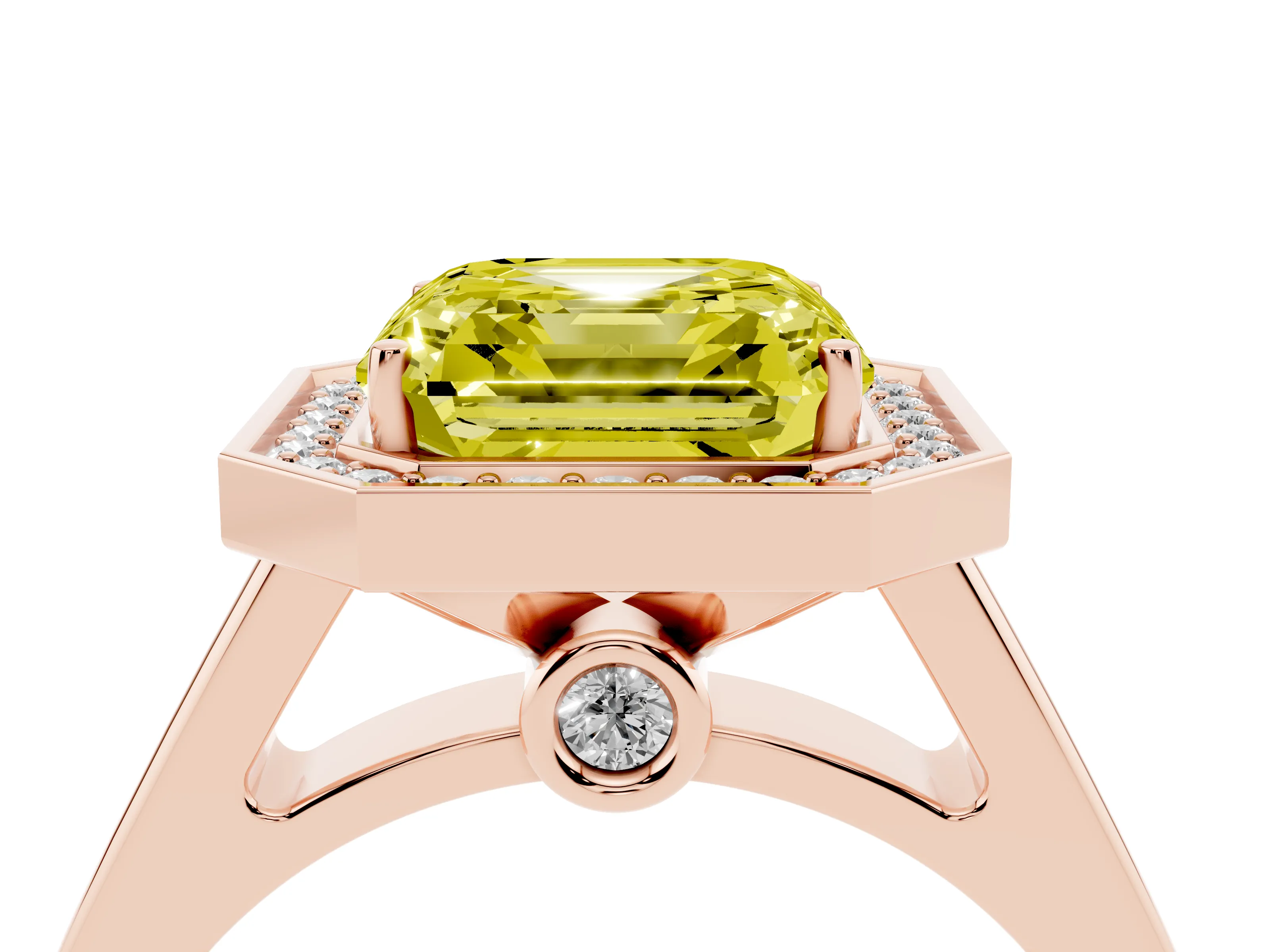 Fancy Yellow Asscher Cut Diamond Halo Solitaire Ring Set in Rose gold with Pavé Band and Bezel Setting