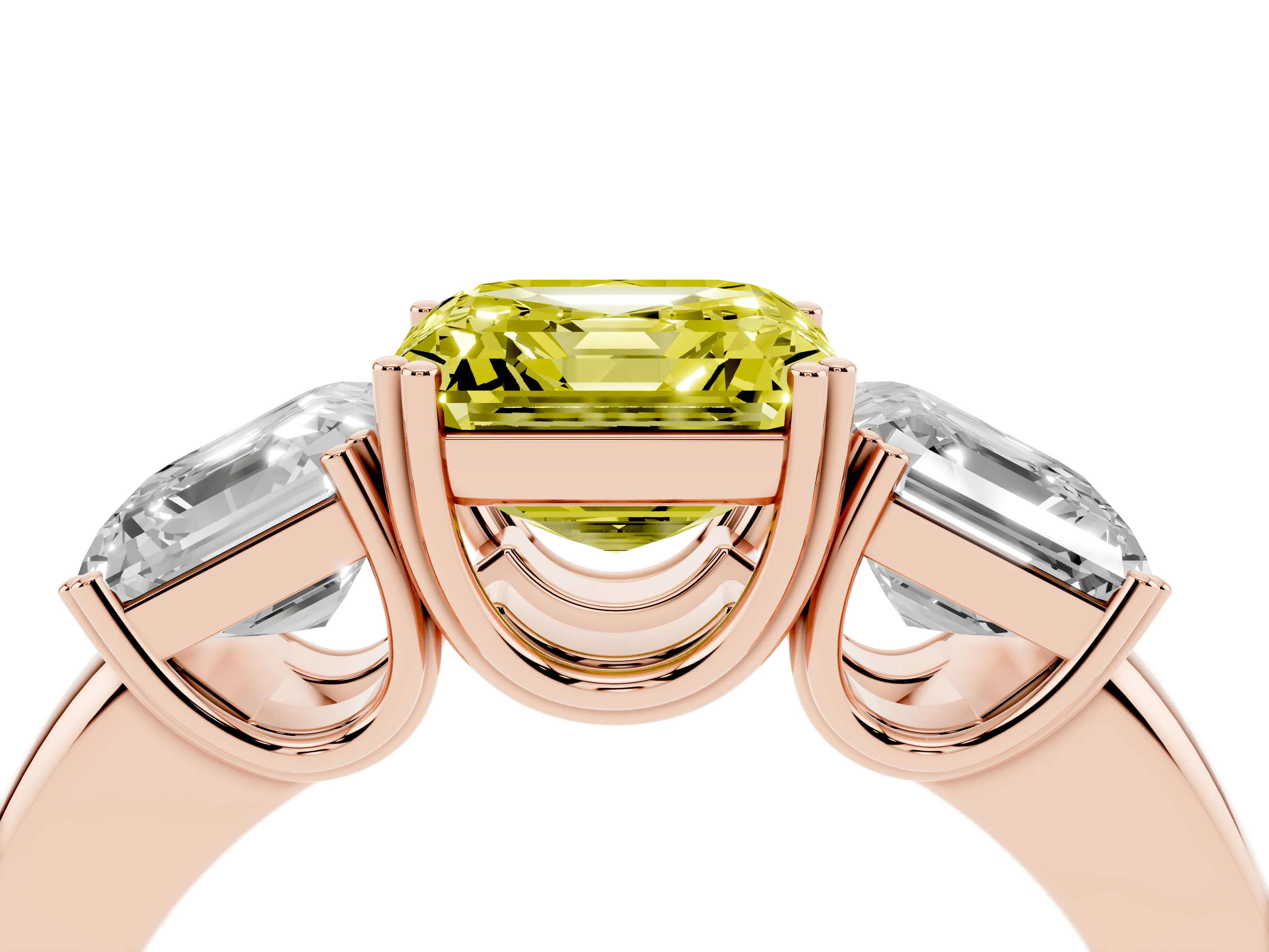 Fancy Yellow Asscher Cut Diamond Three-Stone Ring Set in Rose gold with Polished Band and Prong Setting