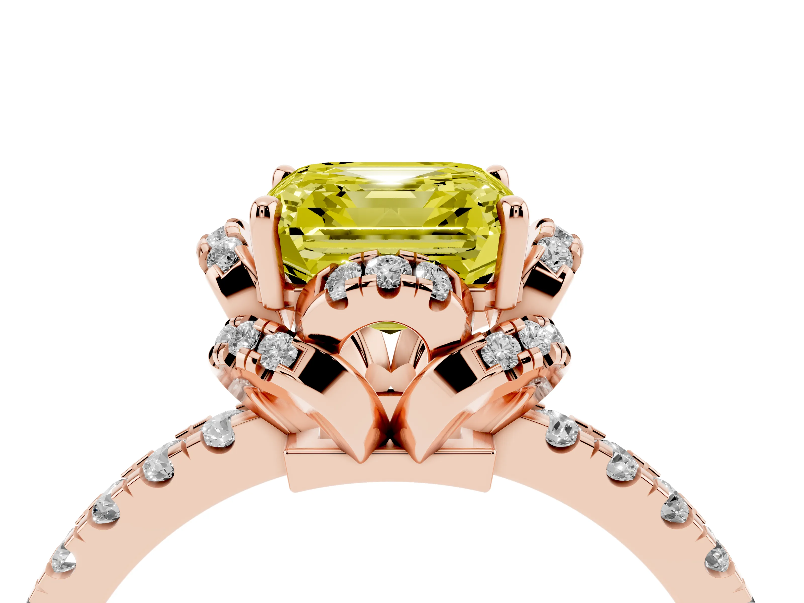 Fancy Yellow Asscher Cut Diamond Halo Pavé Band Ring Set in Rose gold with Prong-Held Center