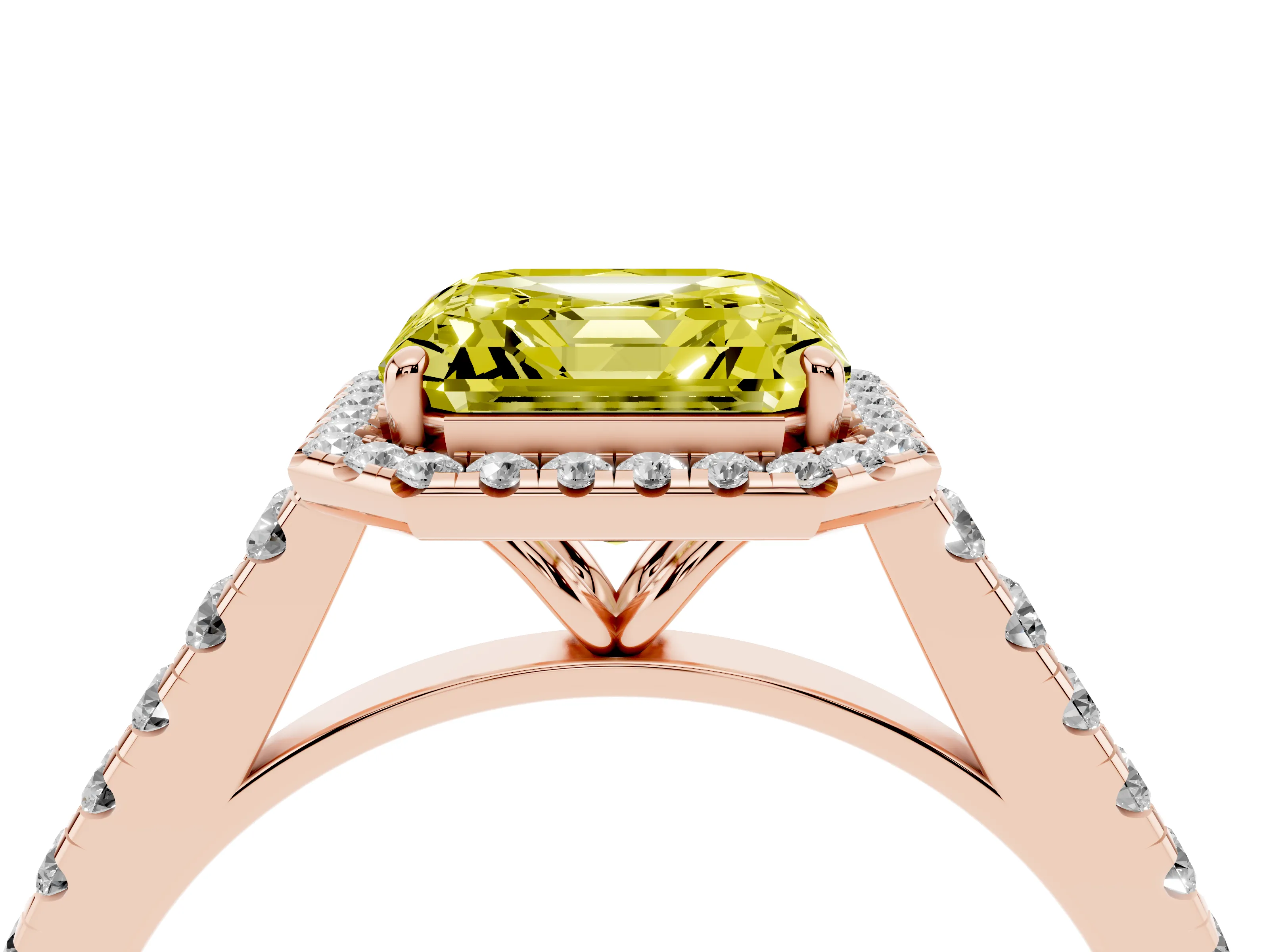 Fancy Yellow Asscher Cut Diamond Halo Pavé Engagement Ring Set in Rose gold with Prong Setting
