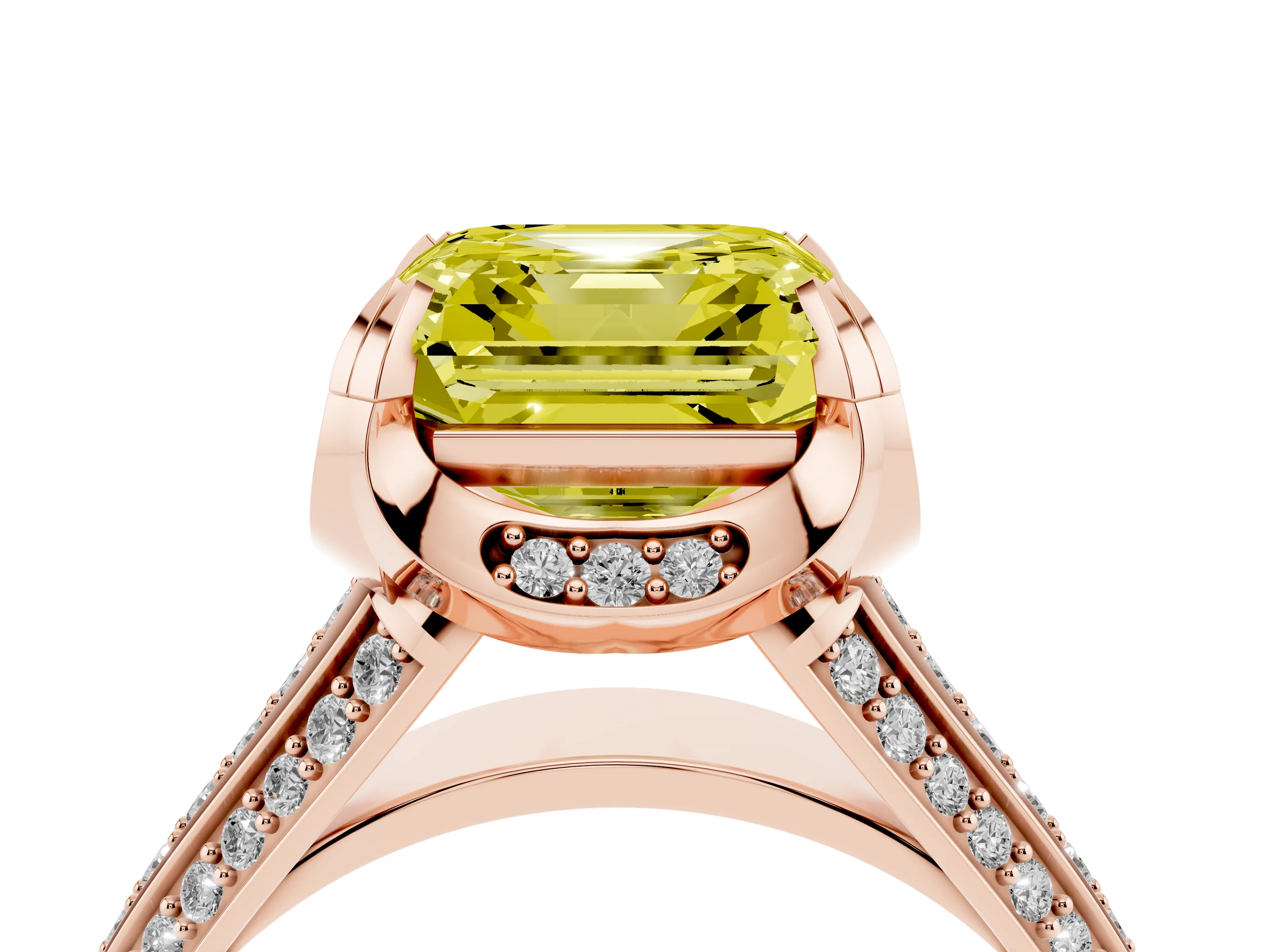 Fancy Yellow Asscher Cut Diamond Pavé Split Shank Solitaire Ring Set in Rose gold with Prong Setting