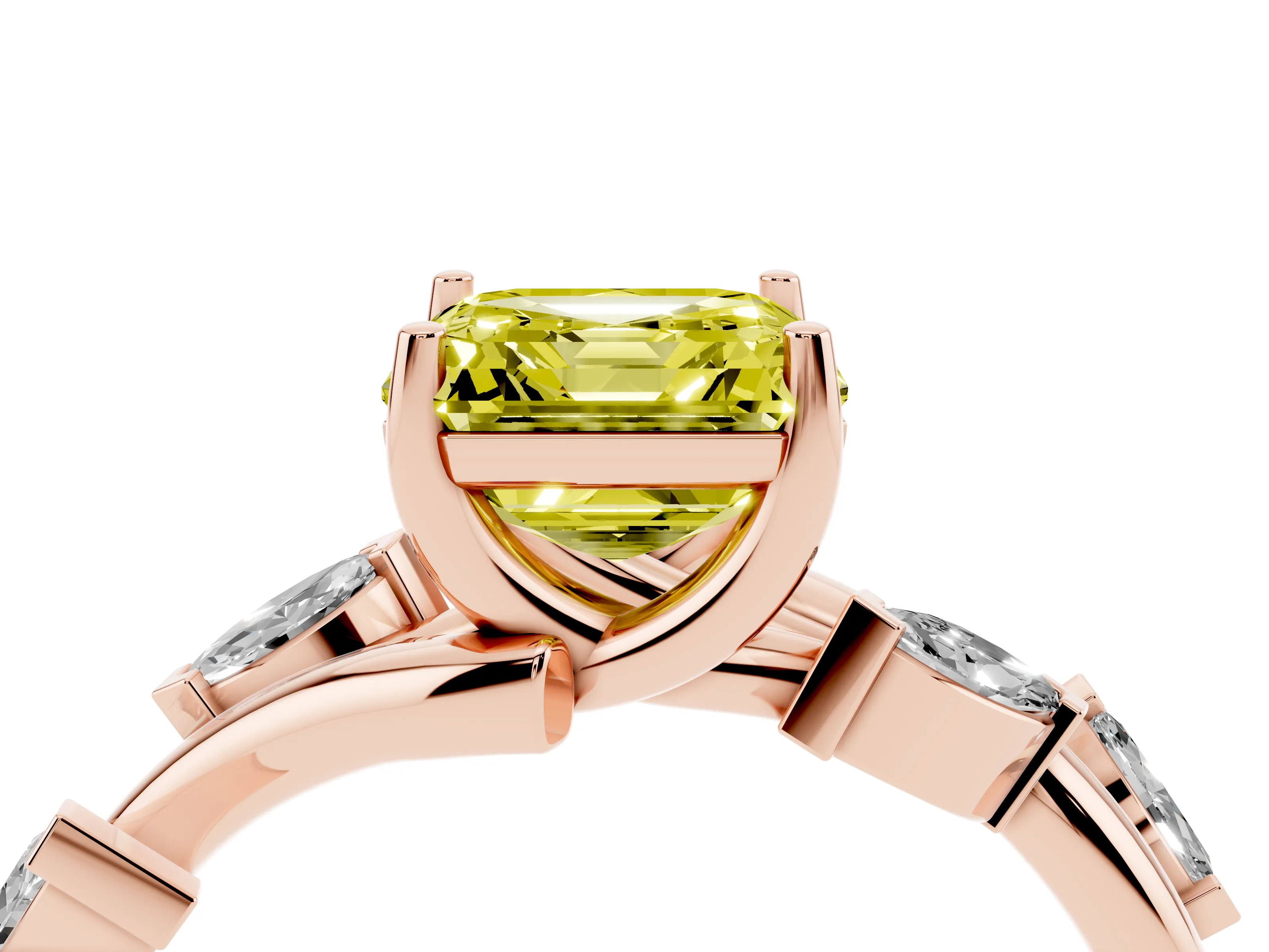 Fancy Yellow Asscher Cut Diamond Solitaire Ring Set in Rose gold with Twisted Marquise Accent Band