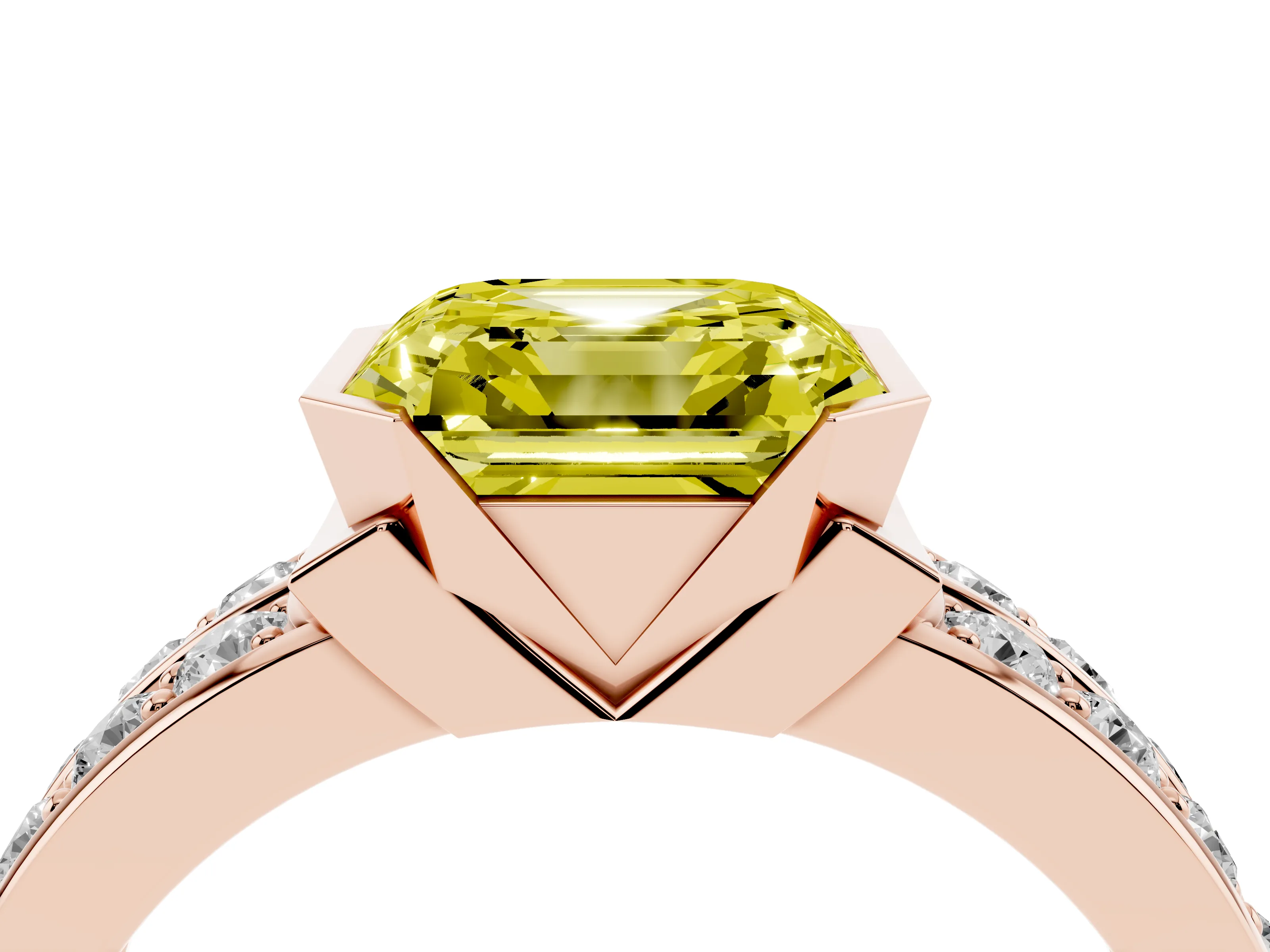 Fancy Yellow Asscher Cut Diamond Wide Channel Set Band Ring Set in Rose gold with Bezel Setting