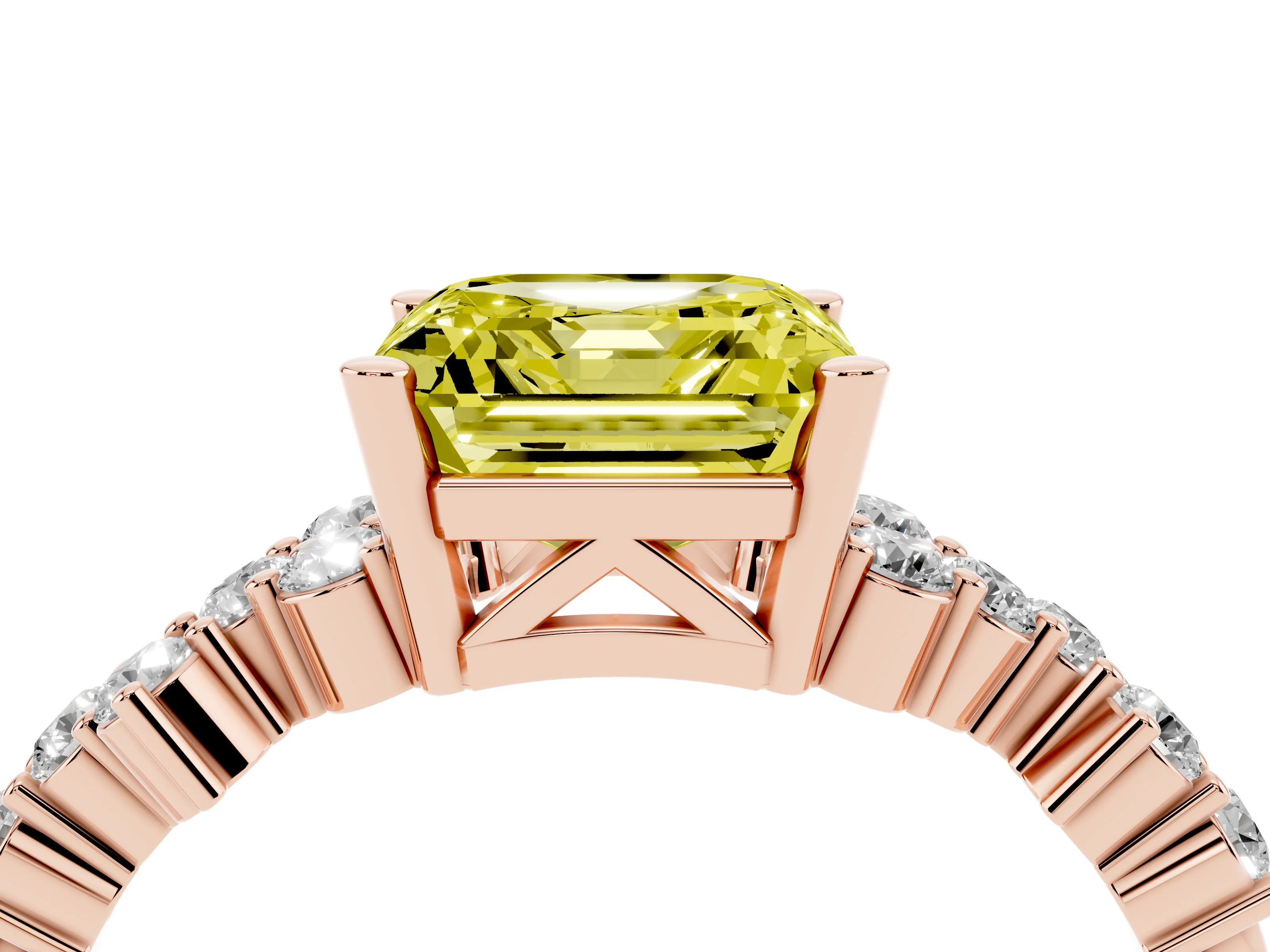 Fancy Yellow Asscher Cut Diamond Ring Set in Rose gold with Scattered Round Accents