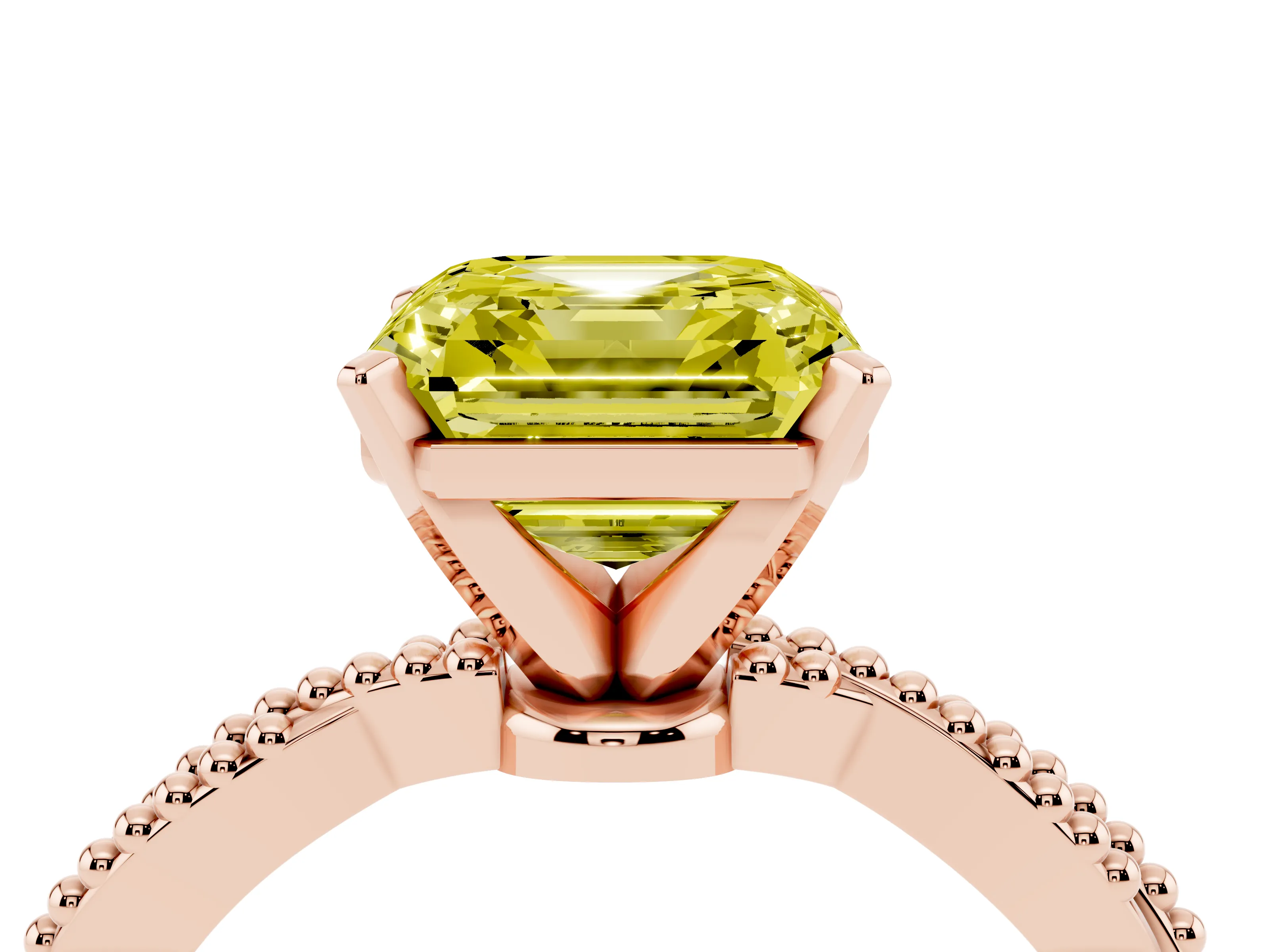 Fancy Yellow Asscher Cut Diamond Solitaire Ring Set in Rose gold with Twisted Band and Bead Prong Setting