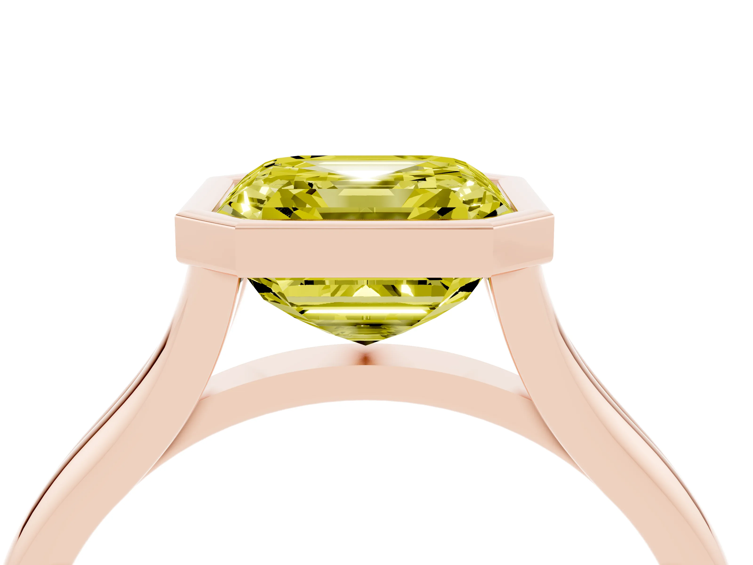 Fancy Yellow Bezel Set Asscher Cut Diamond Solitaire Ring Set in Rose gold with Tapered Band