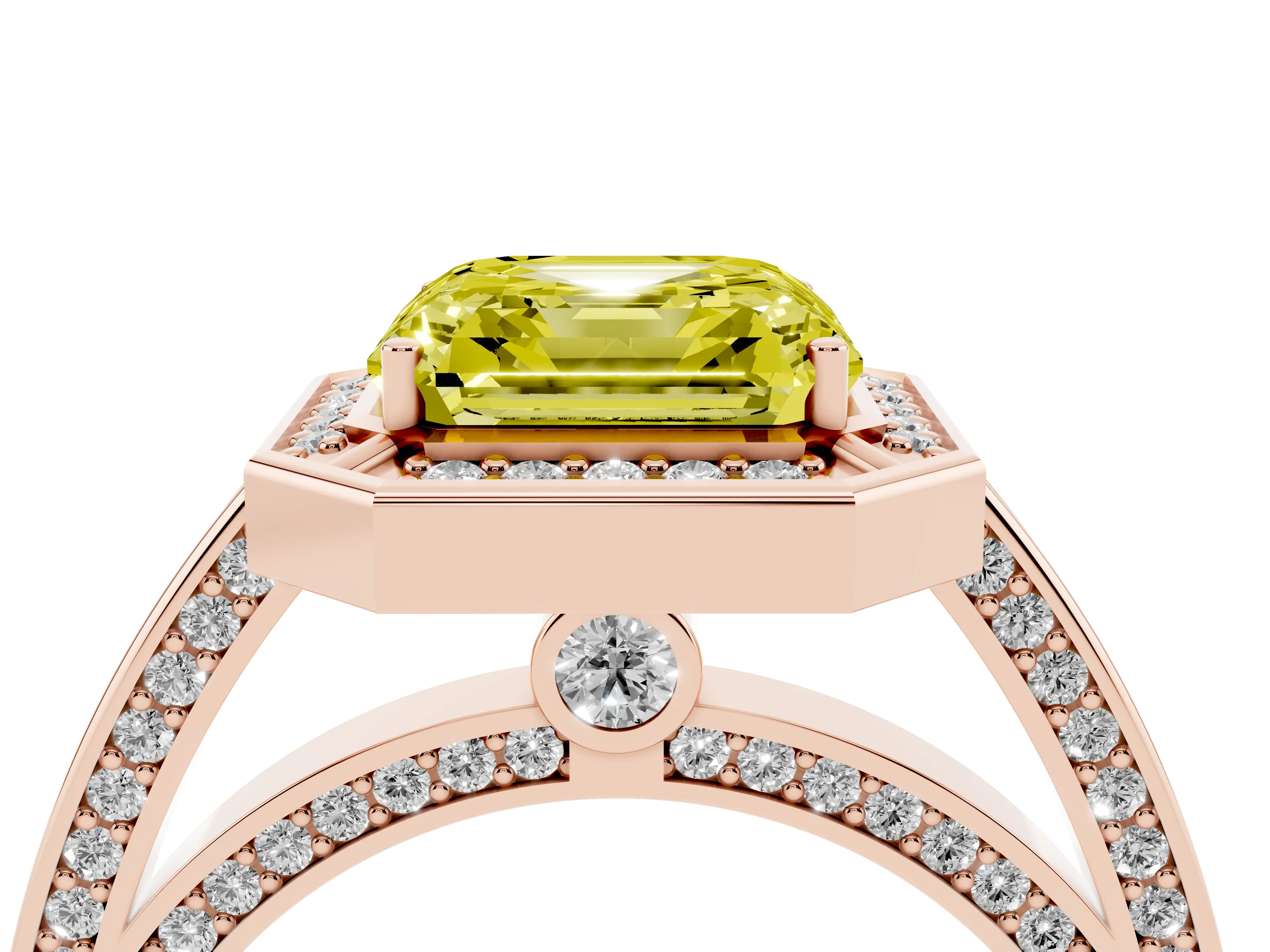 Fancy Yellow Asscher Cut Diamond Halo Pavé Split Shank Ring Set in Rose gold with Prong Setting