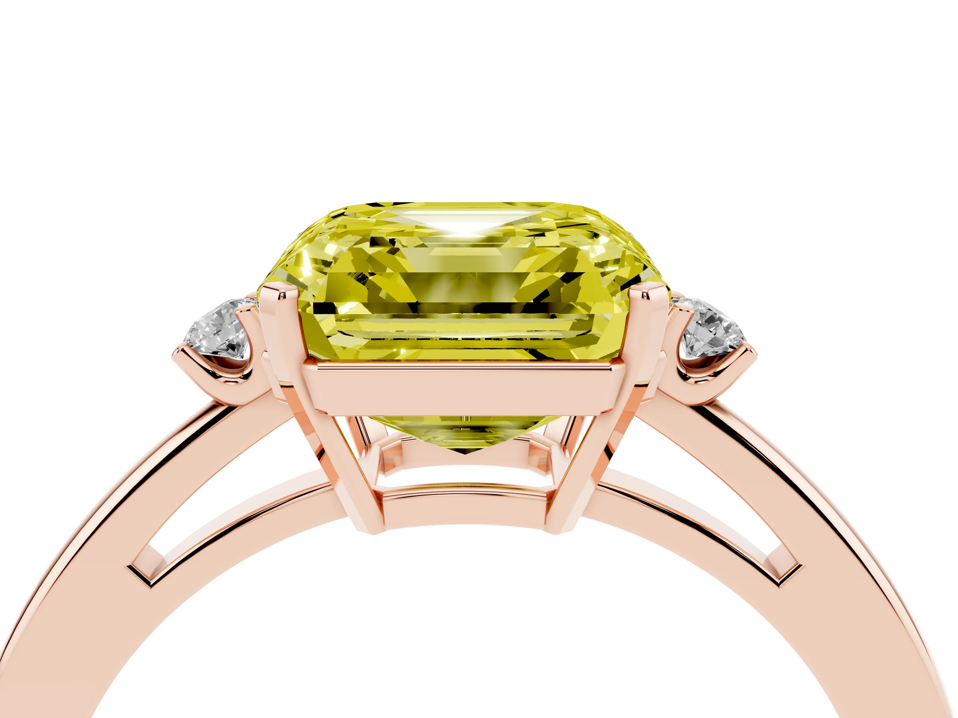 Fancy Yellow Three-Stone Asscher Cut Diamond Solitaire Ring Set in Rose gold with Round Accent Stones and Prong Setting