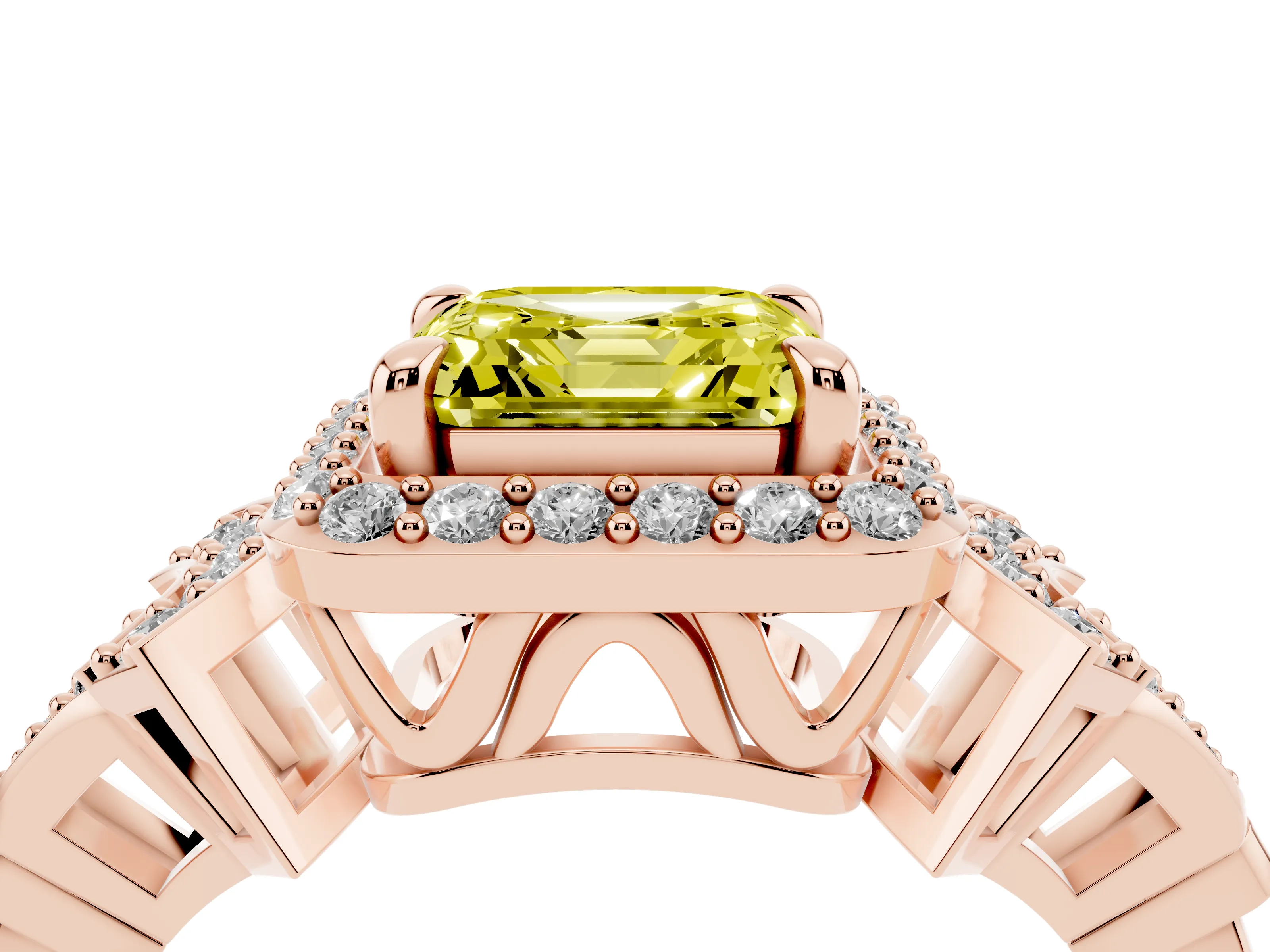 Fancy Yellow Asscher Cut Diamond Halo Engagement Ring Set in Rose gold with Accent Stone Split Shank
