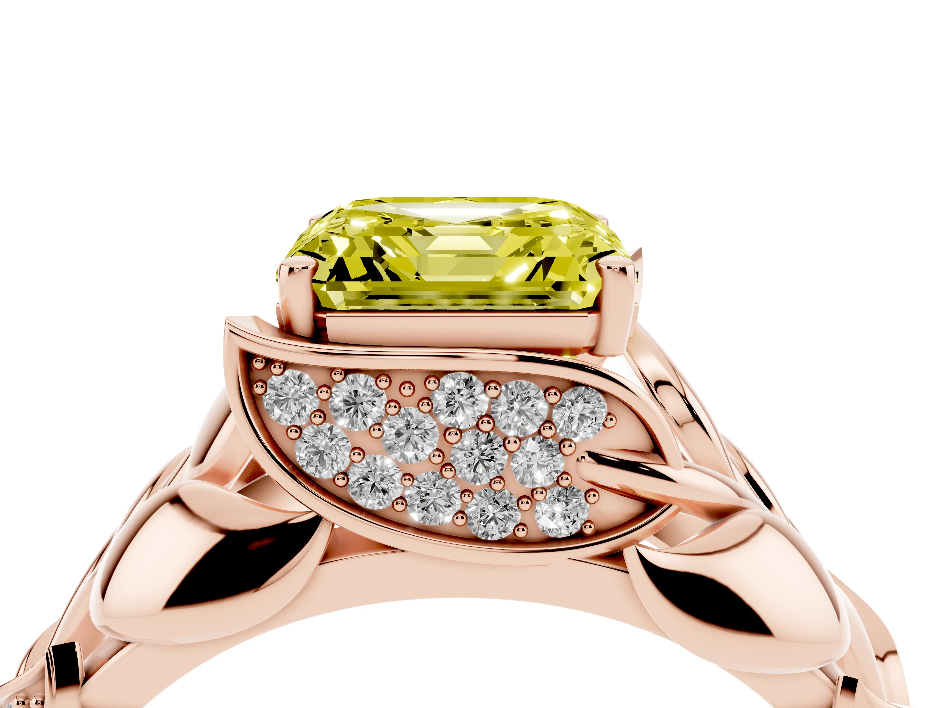 Fancy Yellow Asscher Cut Diamond Leaf-Inspired Engagement Ring Set in Rose gold with Round Accents