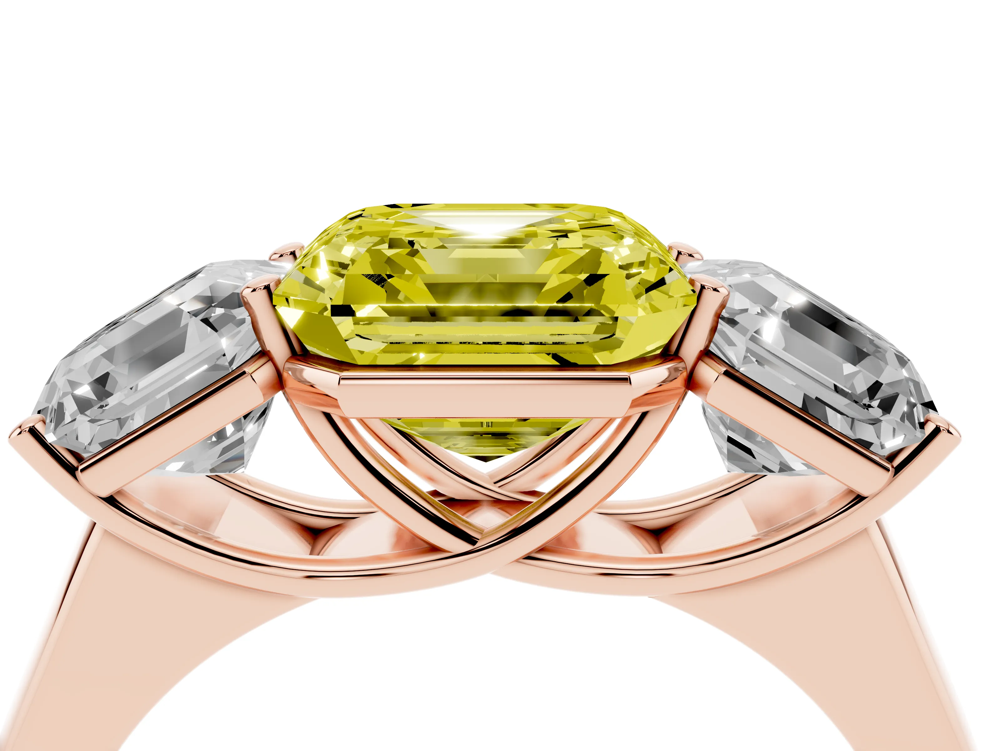 Fancy Yellow Asscher Cut Diamond Three-Stone Ring Set in Rose gold with Plain Polished Band