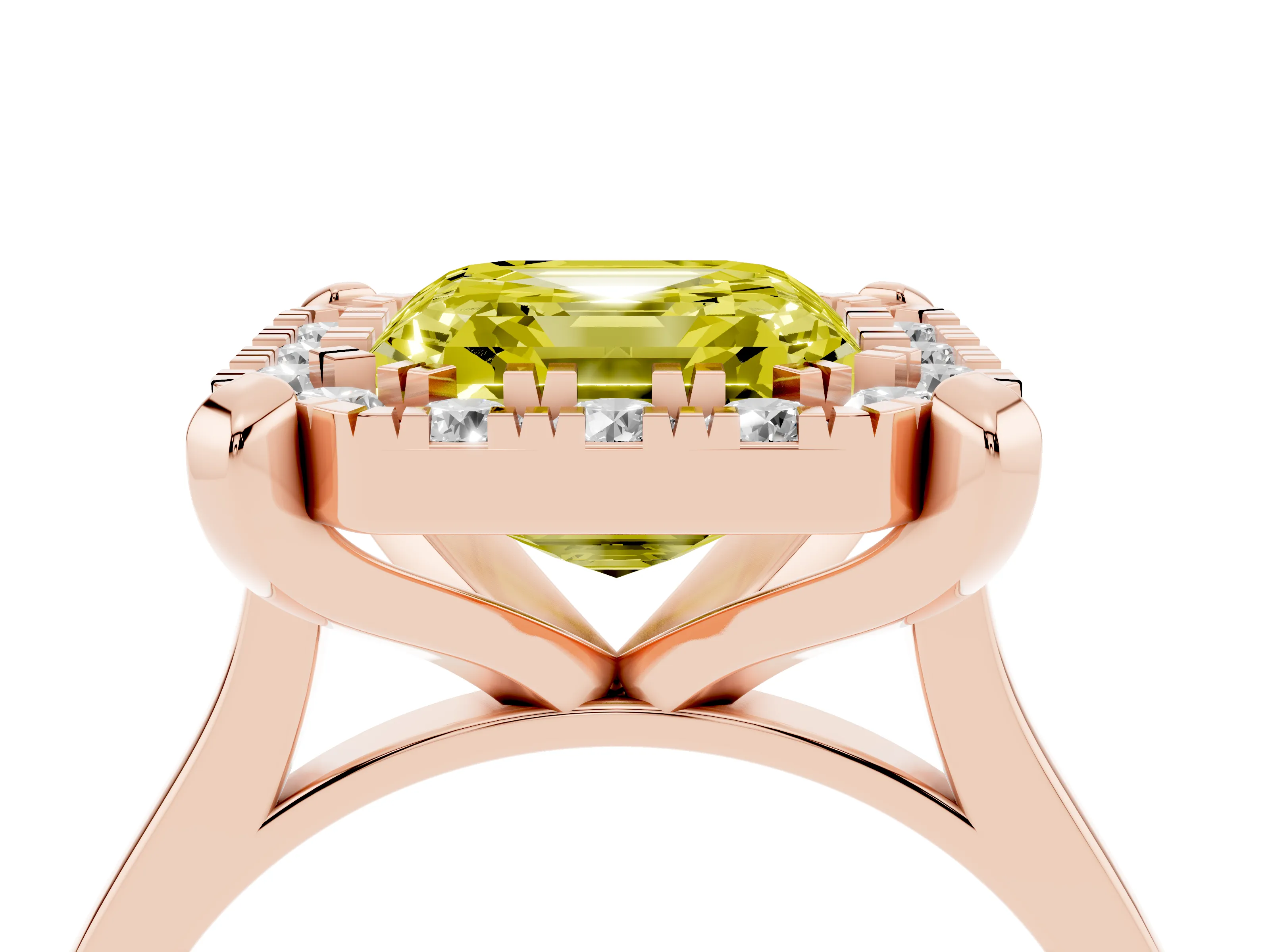 Fancy Yellow Asscher Cut Diamond Cluster Halo Solitaire Ring Set in Rose gold with Prong Setting