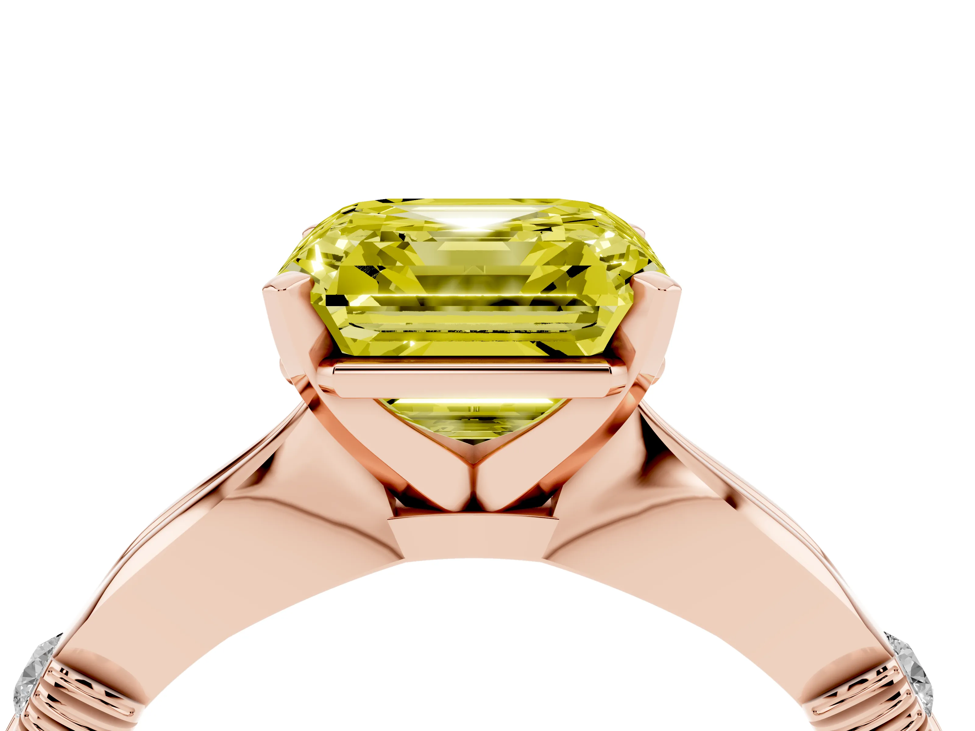 Fancy Yellow Asscher Cut Diamond Solitaire Twisted Band Ring Set in Rose gold with Accent Stones and Prong Setting