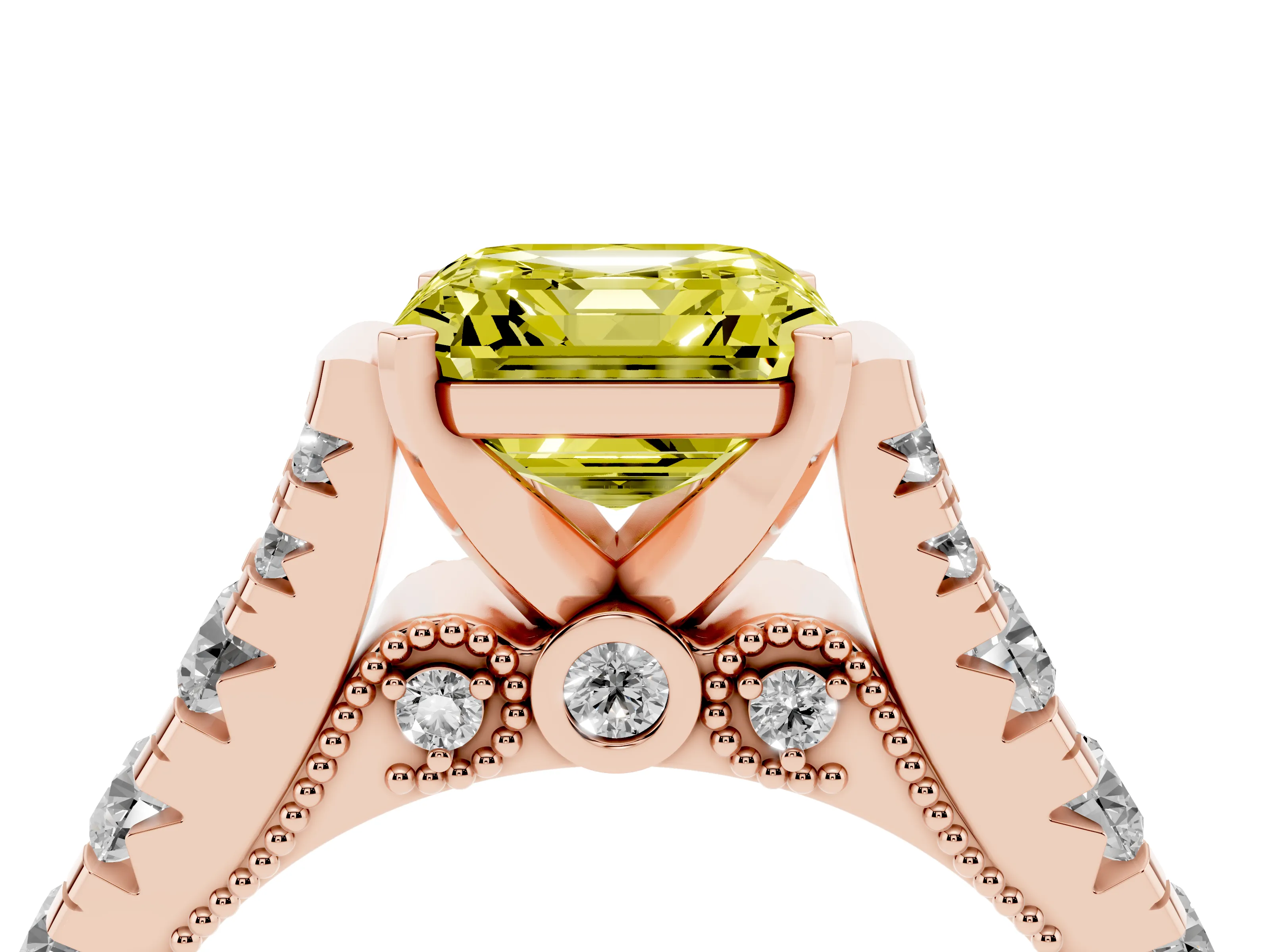 Fancy Yellow Asscher Cut Diamond Classic Solitaire Ring Set in Rose gold with Pavé Band and Prong Setting
