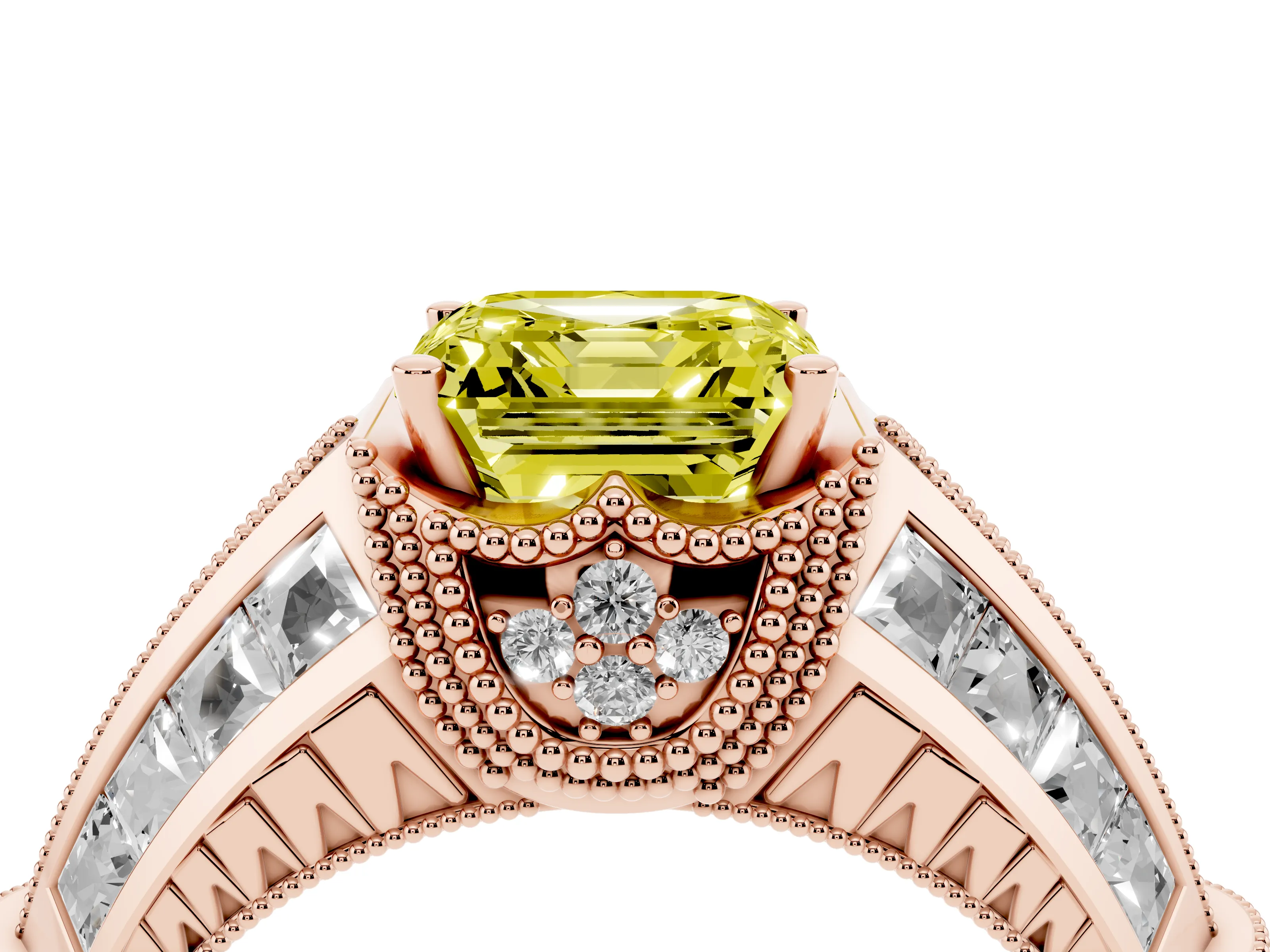Fancy Yellow Asscher Cut Diamond Vintage-Inspired Milgrain Ring Set in Rose gold with Accent Split Shank