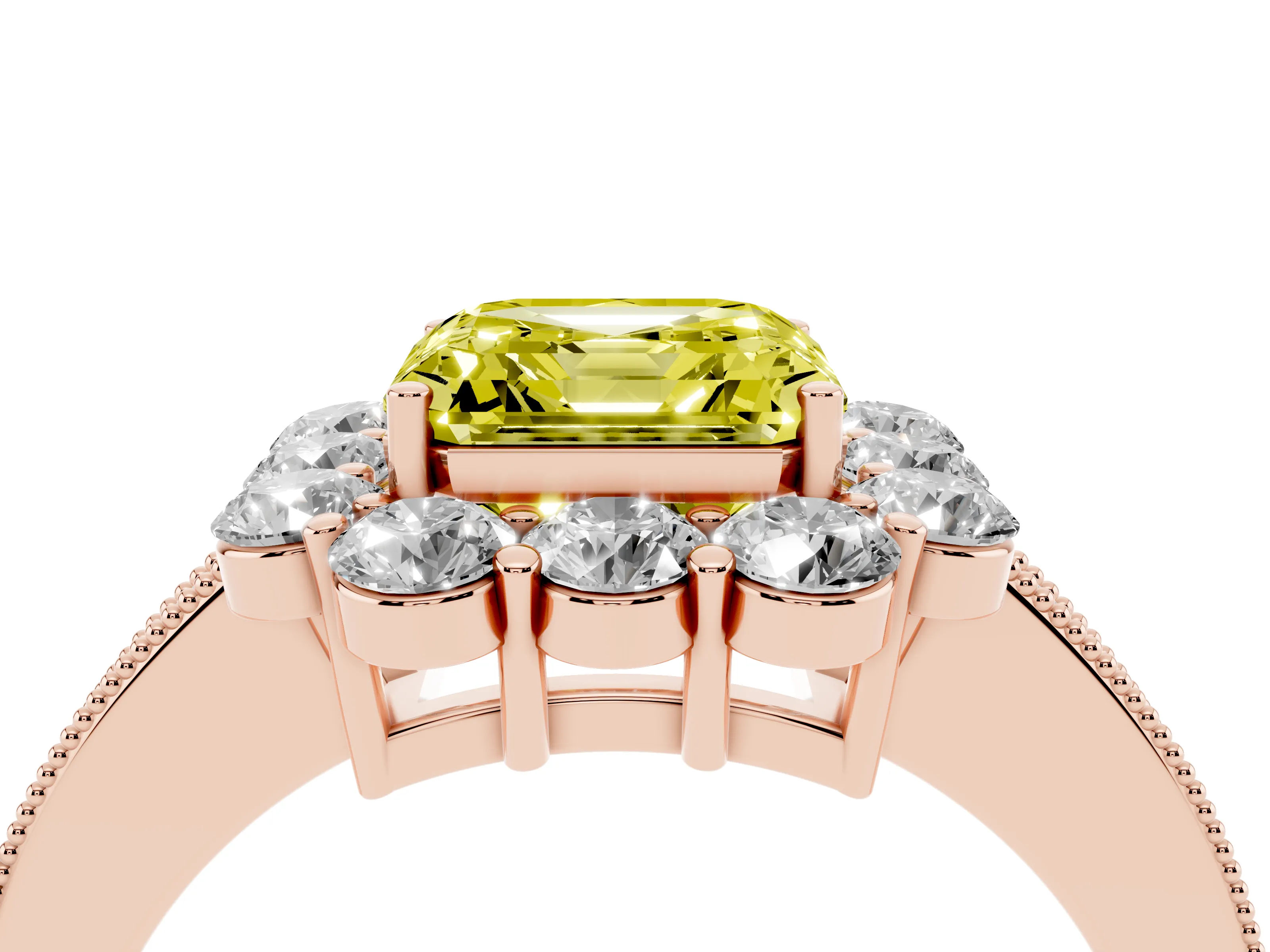 Fancy Yellow Asscher Cut Diamond Halo Pavé Engagement Ring Set in Rose gold with Milgrain Detailing