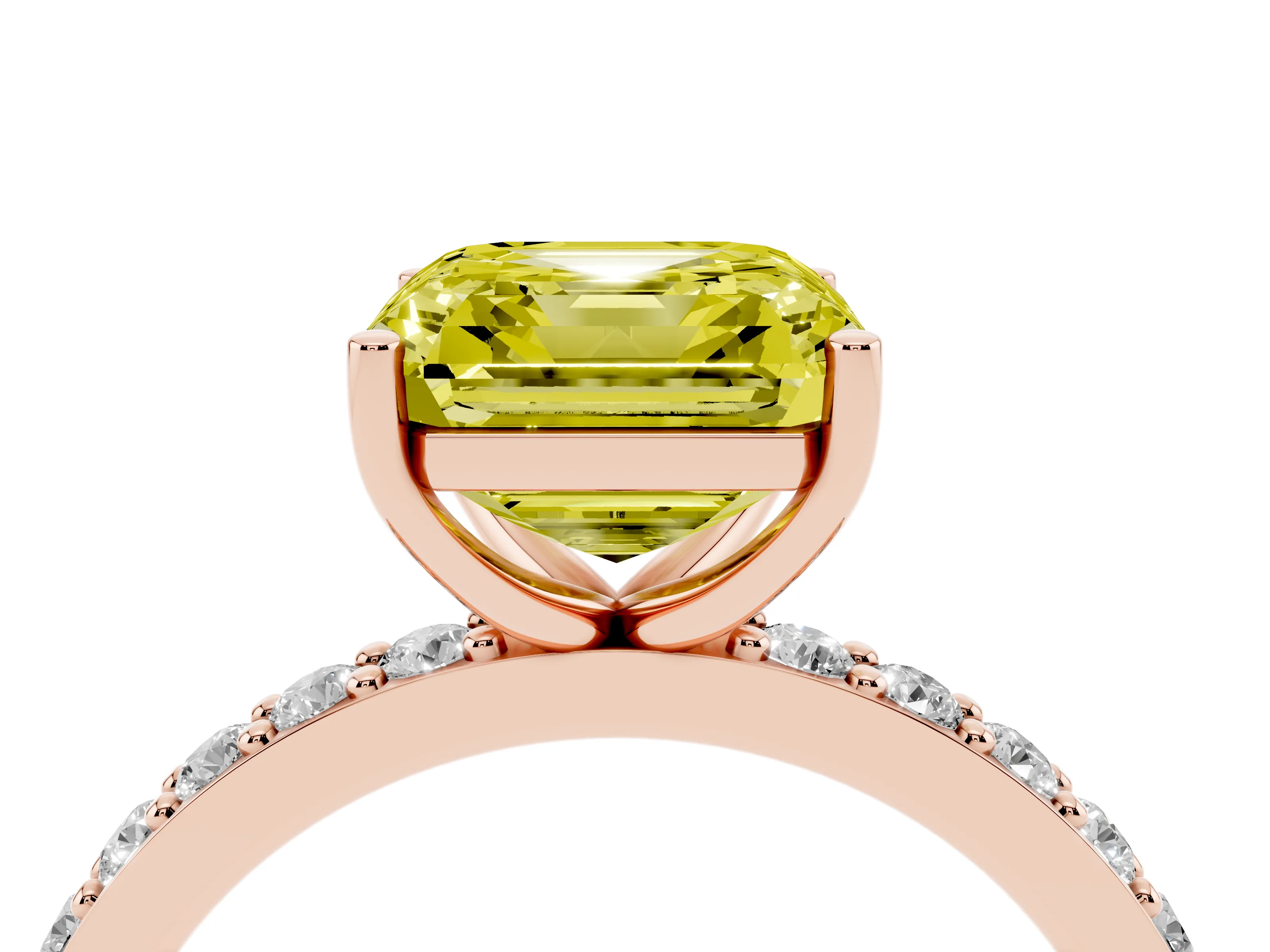 Fancy Yellow Asscher Cut Diamond Solitaire Set in Rose gold with Round Pavé Band and Prong Setting