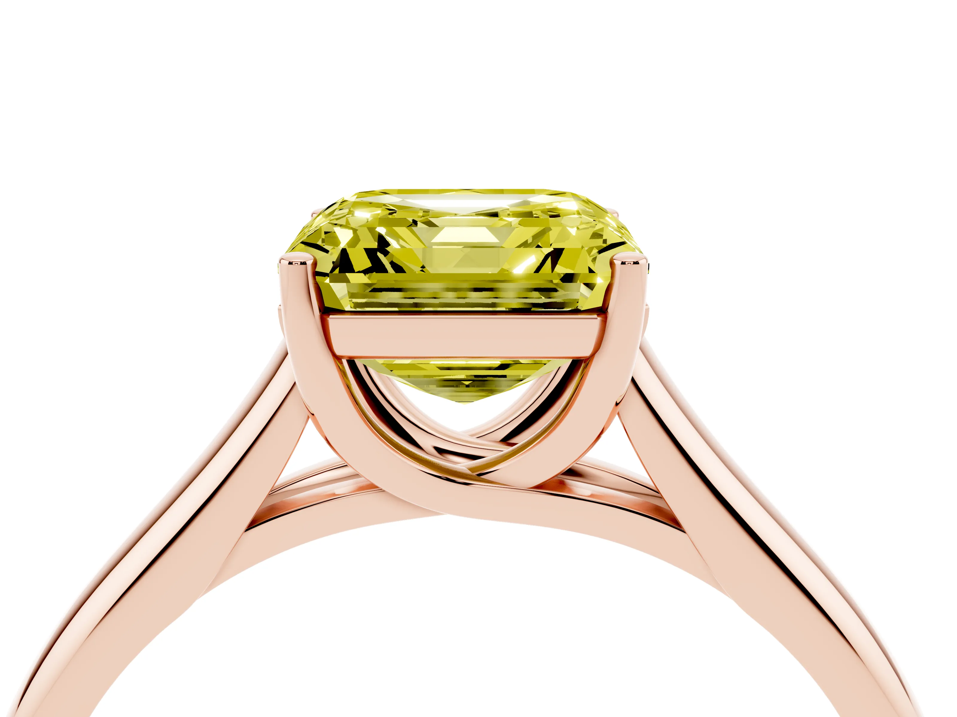 Fancy Yellow Asscher Cut Diamond Solitaire Engagement Ring Set in Rose gold with Subtly Tapered Band and Prong Setting