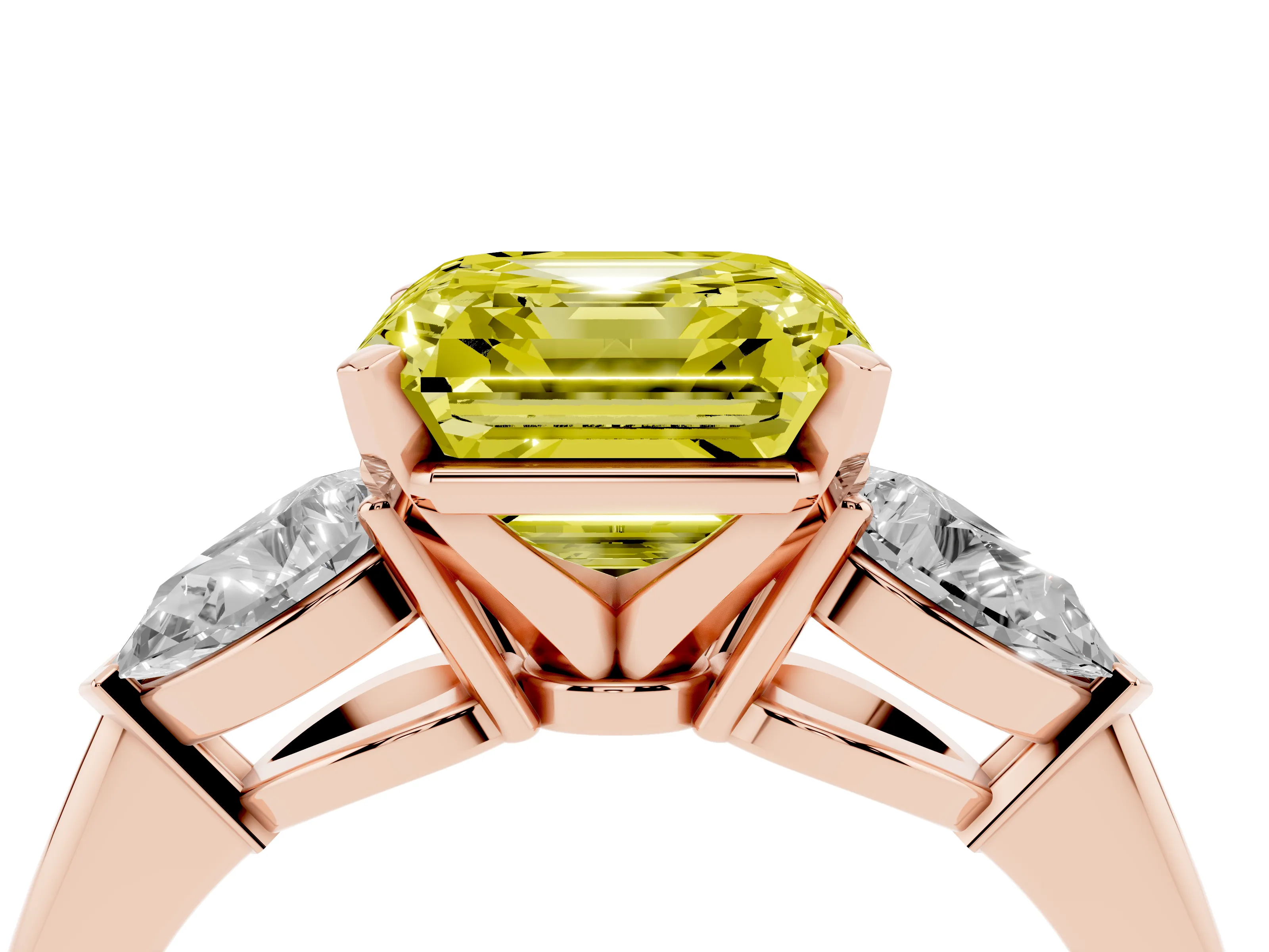 Fancy Yellow Three-Stone Asscher Cut Diamond Ring Set in Rose gold with Pear Side Stones and Prong Setting