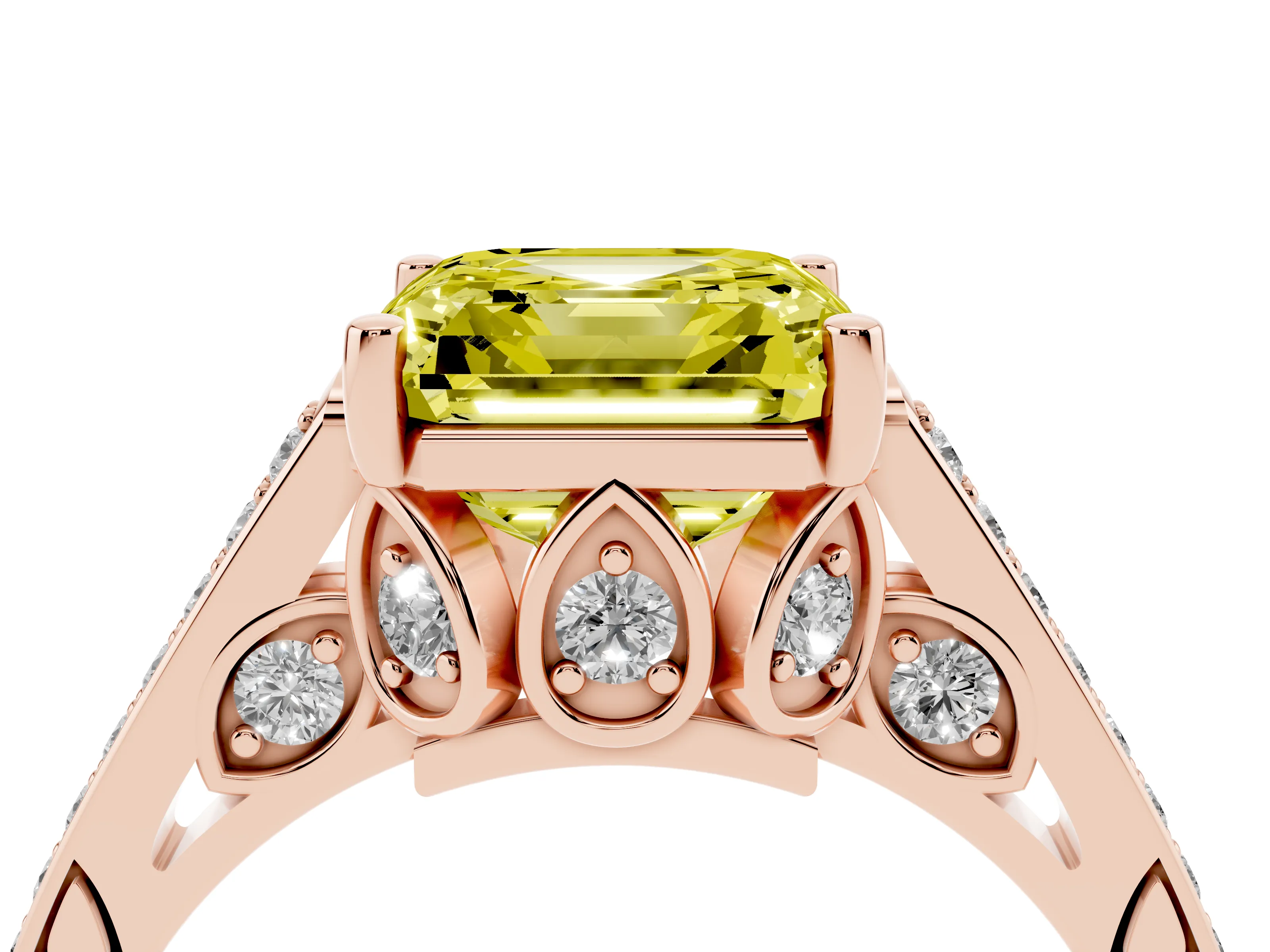Fancy Yellow Asscher Cut Diamond Cathedral Pavé Engagement Ring Set in Rose gold with Prong Setting