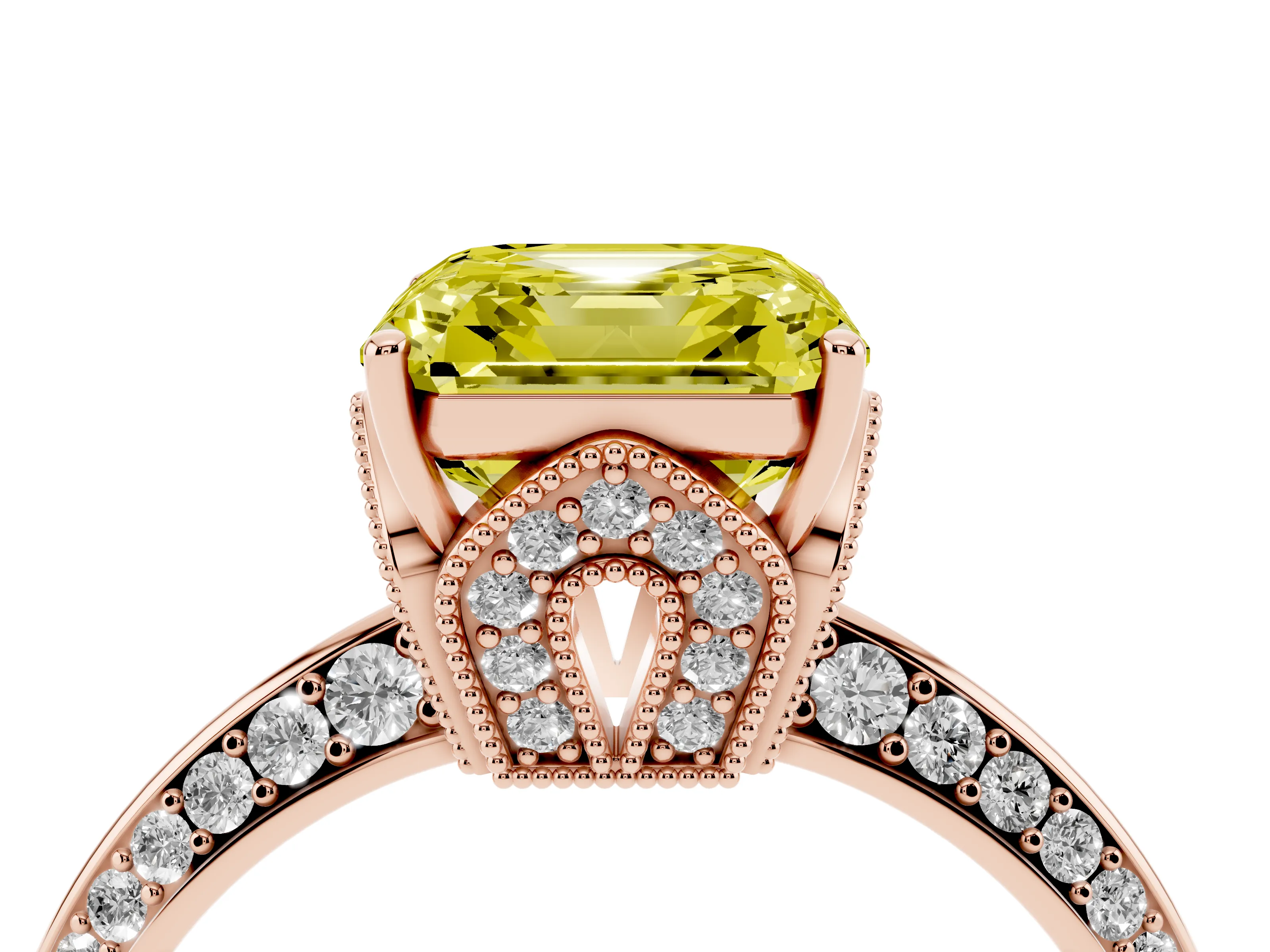 Fancy Yellow Asscher Cut Diamond Solitaire Engagement Ring Set in Rose gold with Pavé Split Shank and Prong Setting