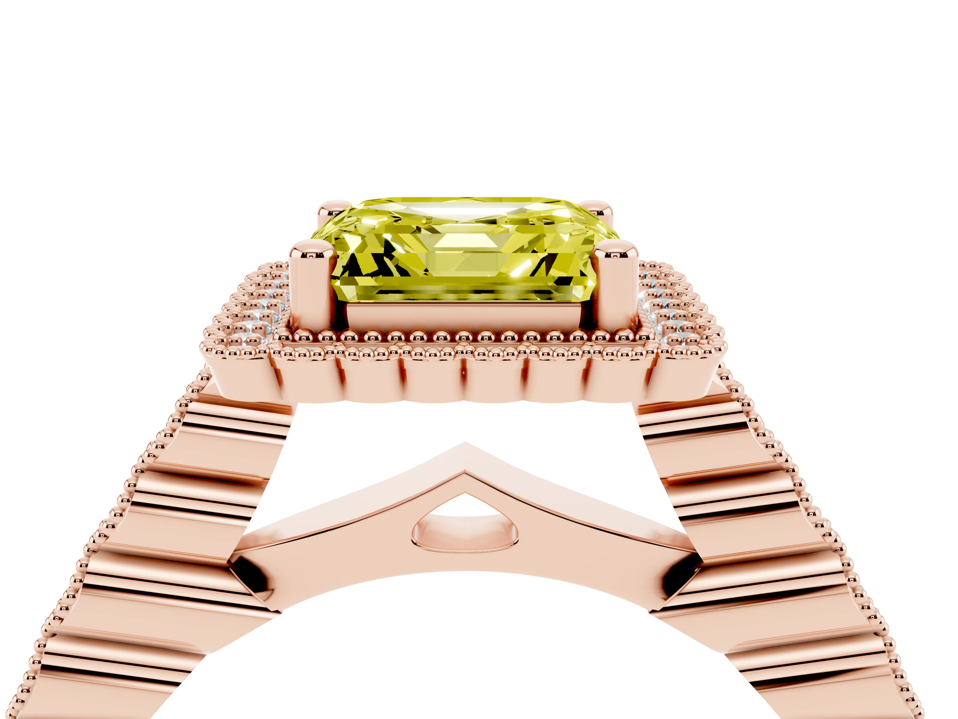 Fancy Yellow Asscher Cut Diamond Halo Ring Set in Rose gold with Pavé Milgrain Band