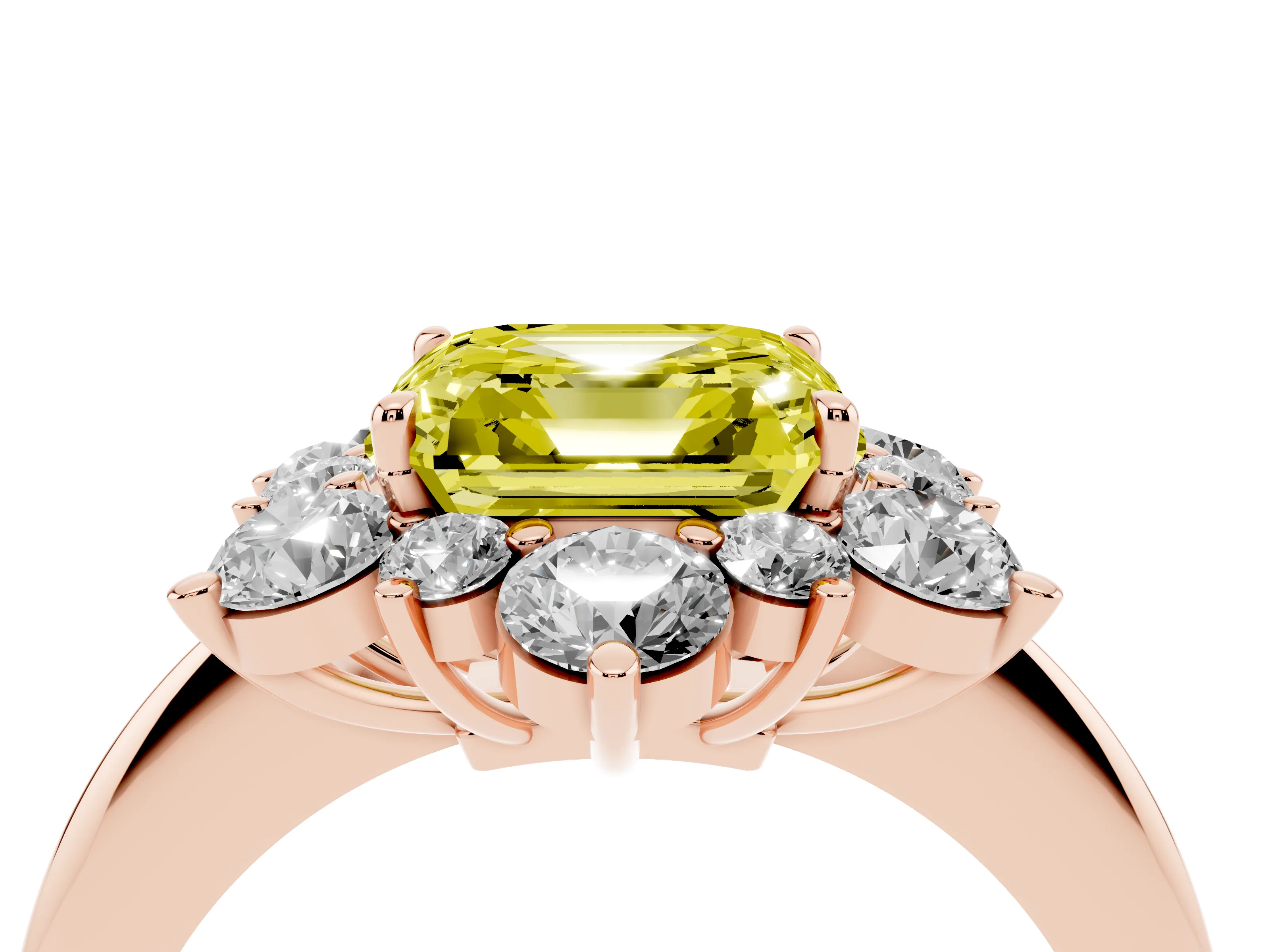 Fancy Yellow Asscher Cut Diamond Cluster Halo Ring Set in Rose gold with Solitaire Band and Prong Setting
