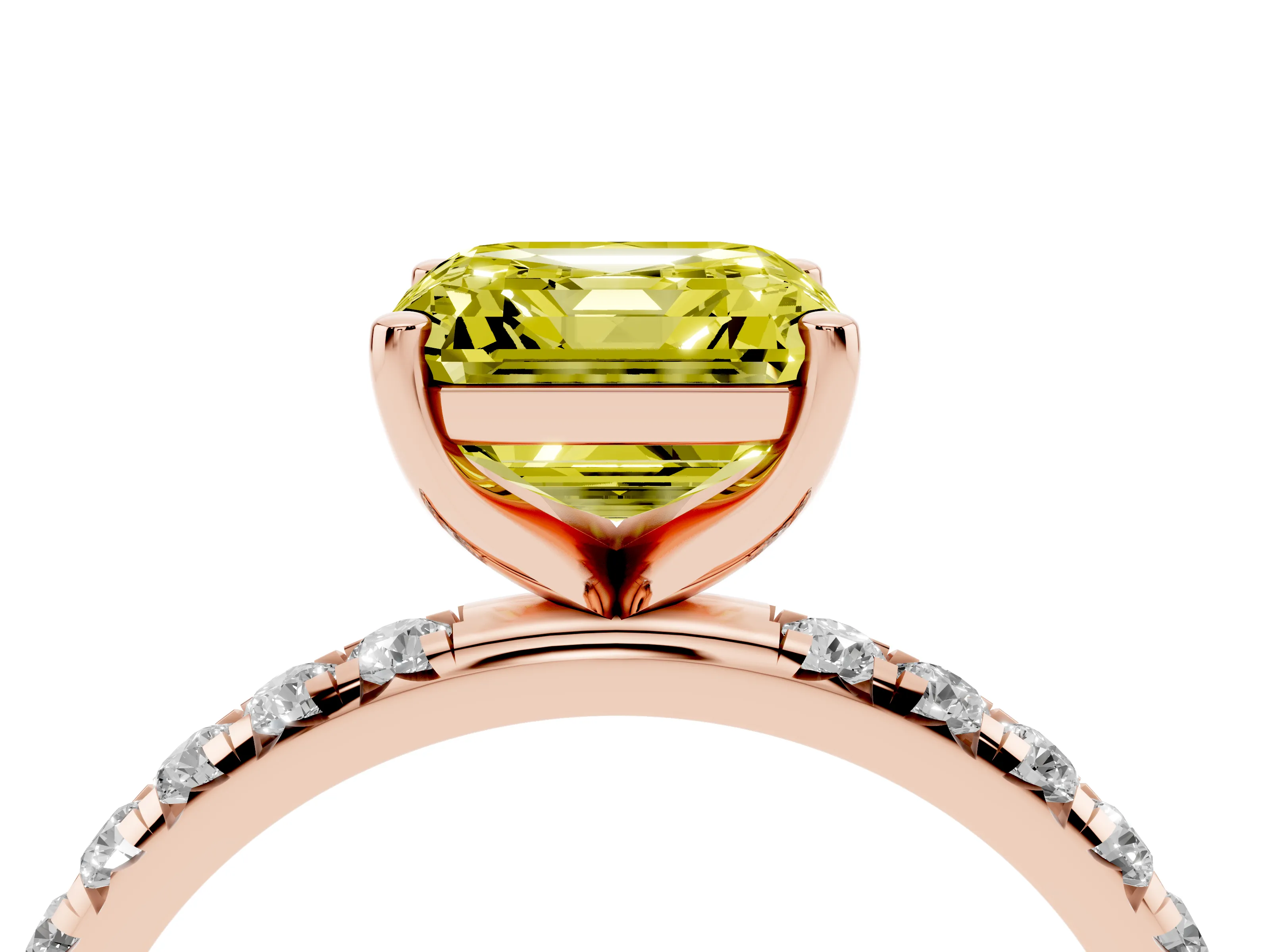 Fancy Yellow Asscher Cut Diamond Solitaire Ring Set in Rose gold with Micro Pavé Band and Prong Setting