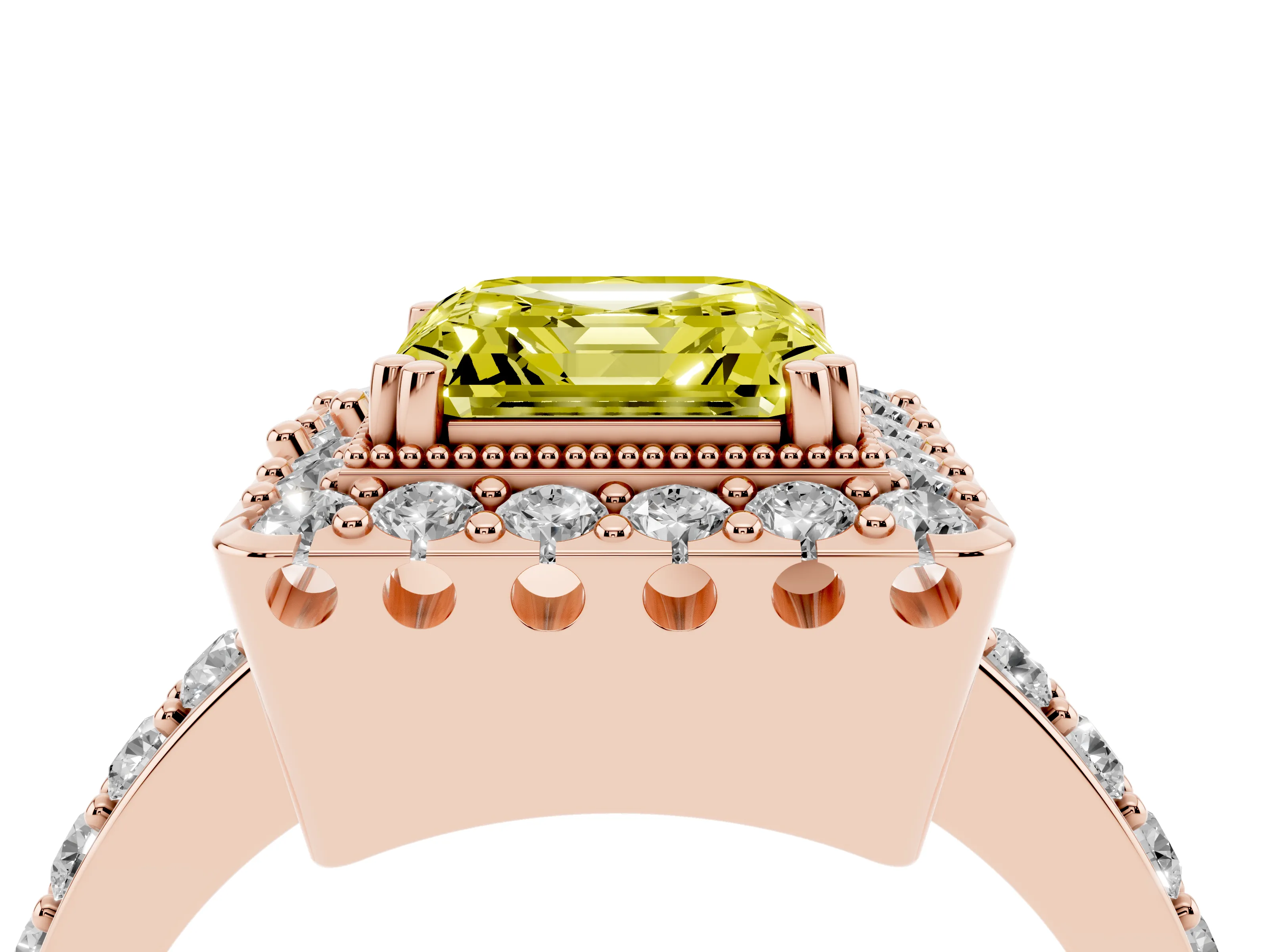 Fancy Yellow Asscher Cut Diamond Halo Ring Set in Rose gold with Pavé Shank and Prong Setting
