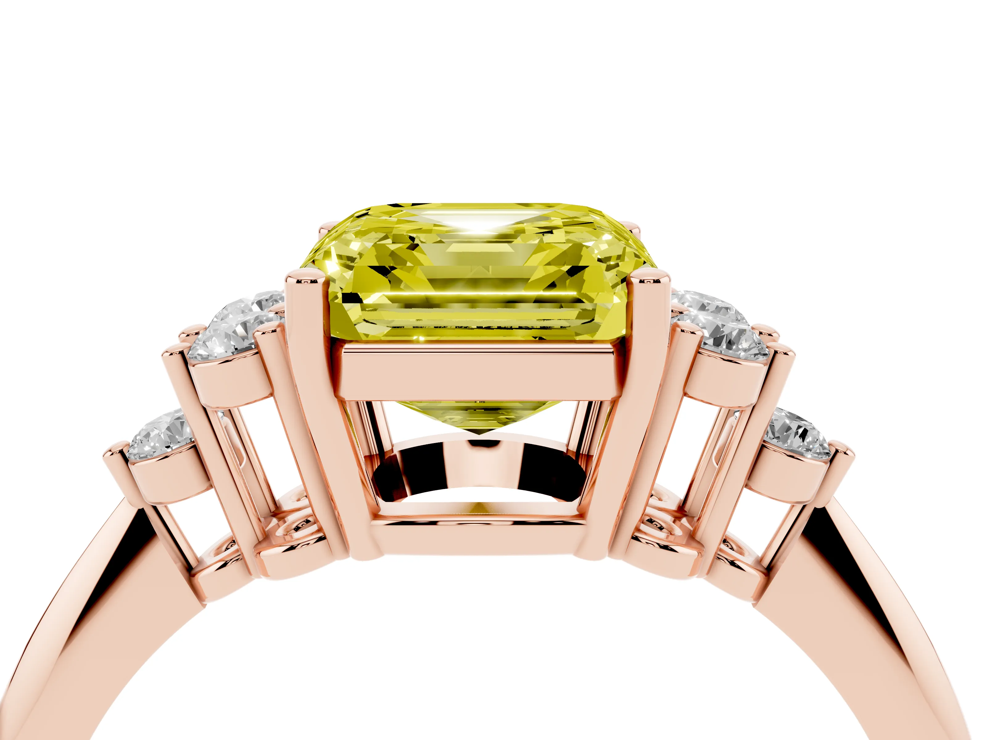 Fancy Yellow Asscher Cut Diamond Cluster Ring Set in Rose gold with Plain Band and Prong Setting
