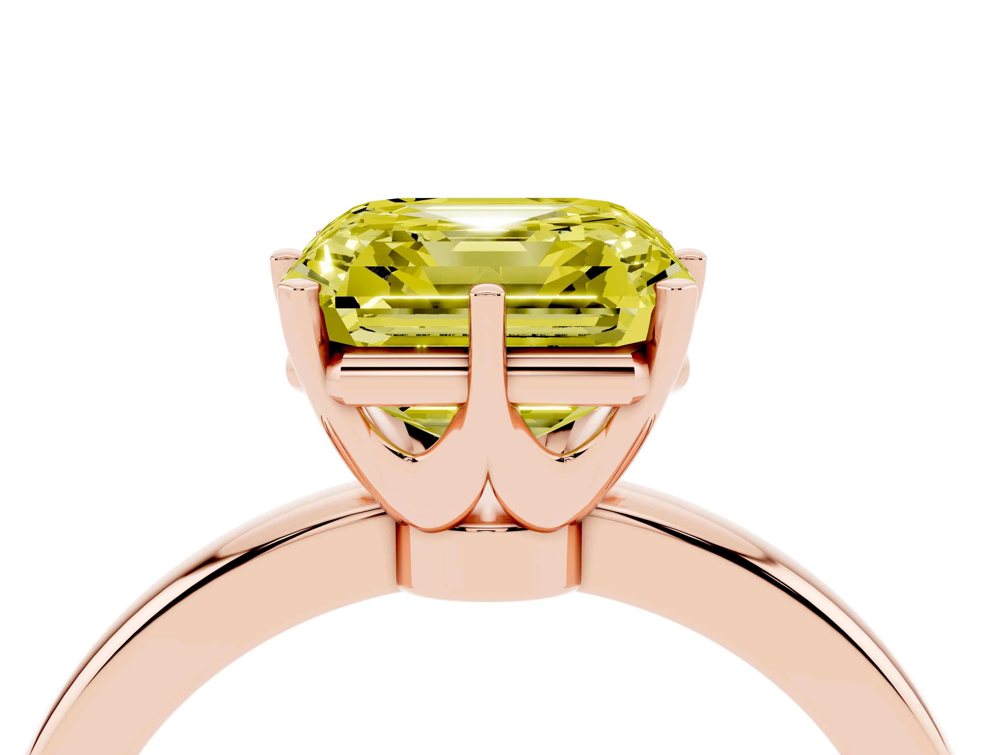Fancy Yellow Asscher Cut Diamond Solitaire Ring Set in Rose gold with Raised Prong Setting on a Classic Band