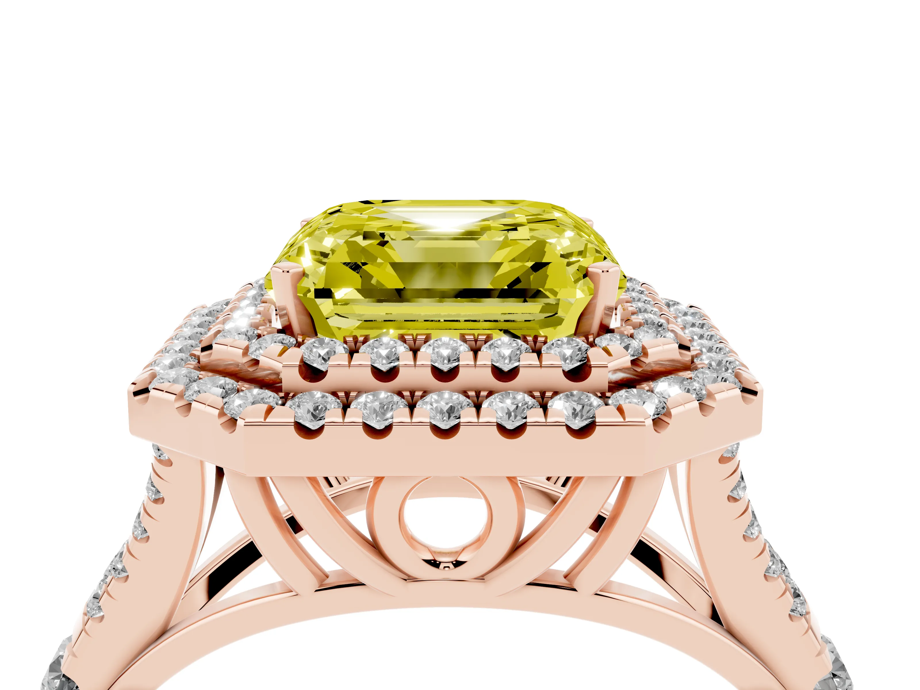 Fancy Yellow Asscher Cut Diamond Pavé Split Shank Double Halo Engagement Ring Set in Rose gold