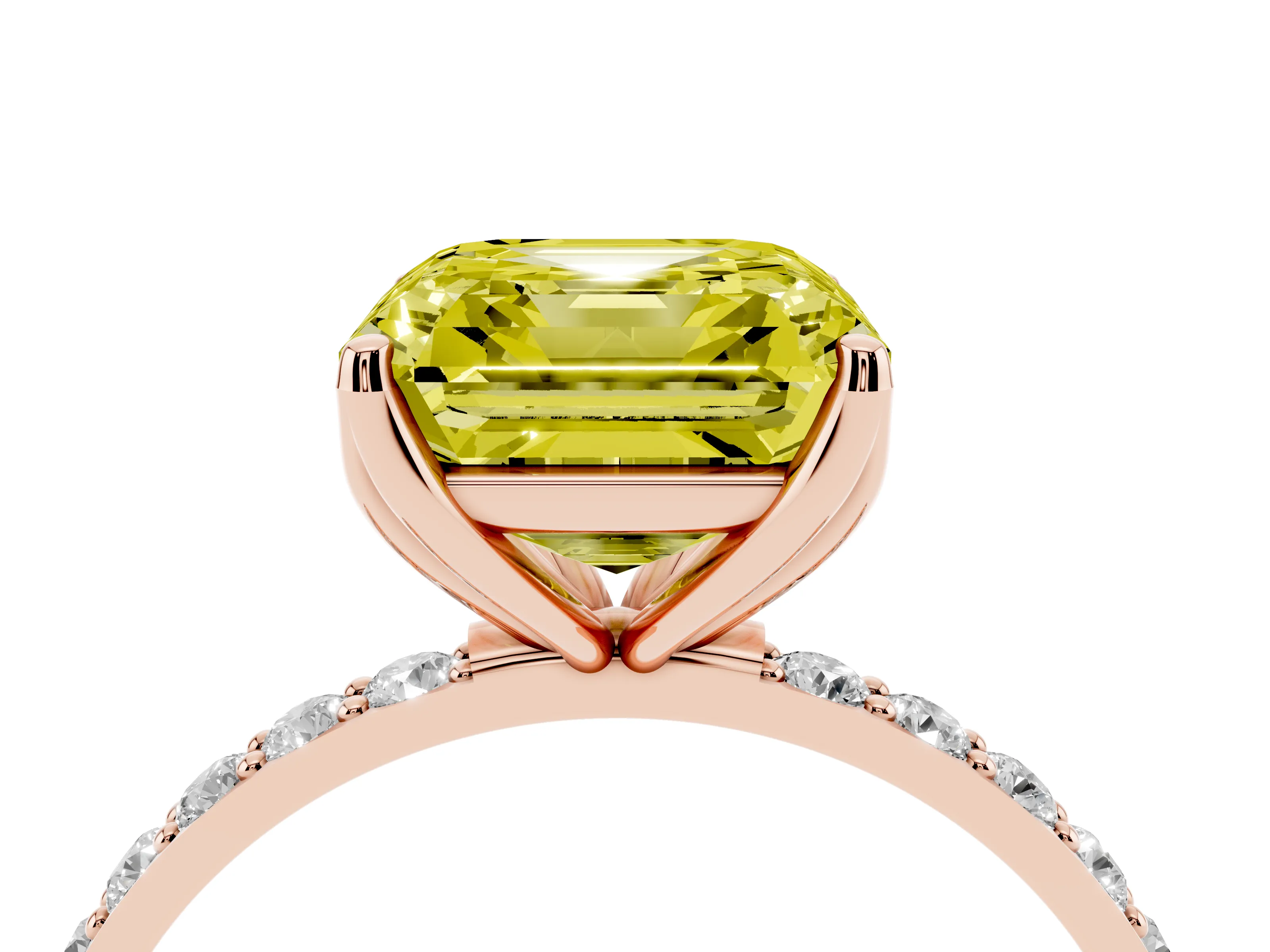 Fancy Yellow Asscher Cut Diamond Solitaire Engagement Ring Set in Rose gold with Round Pavé Band and Prong Setting