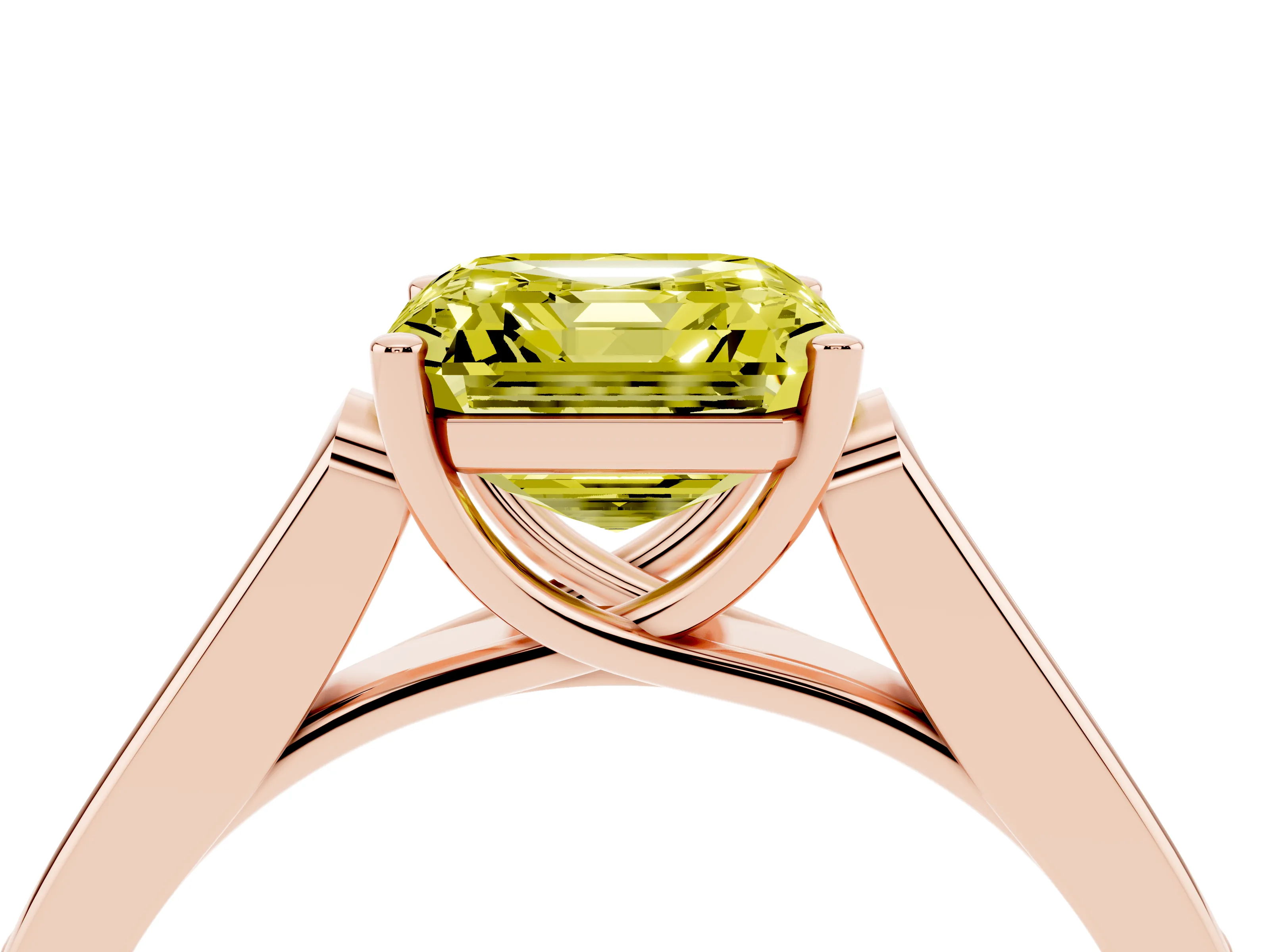 Fancy Yellow Asscher Cut Diamond Solitaire Cathedral Engagement Ring Set in Rose gold with Channel-Set Band and Prong Setting