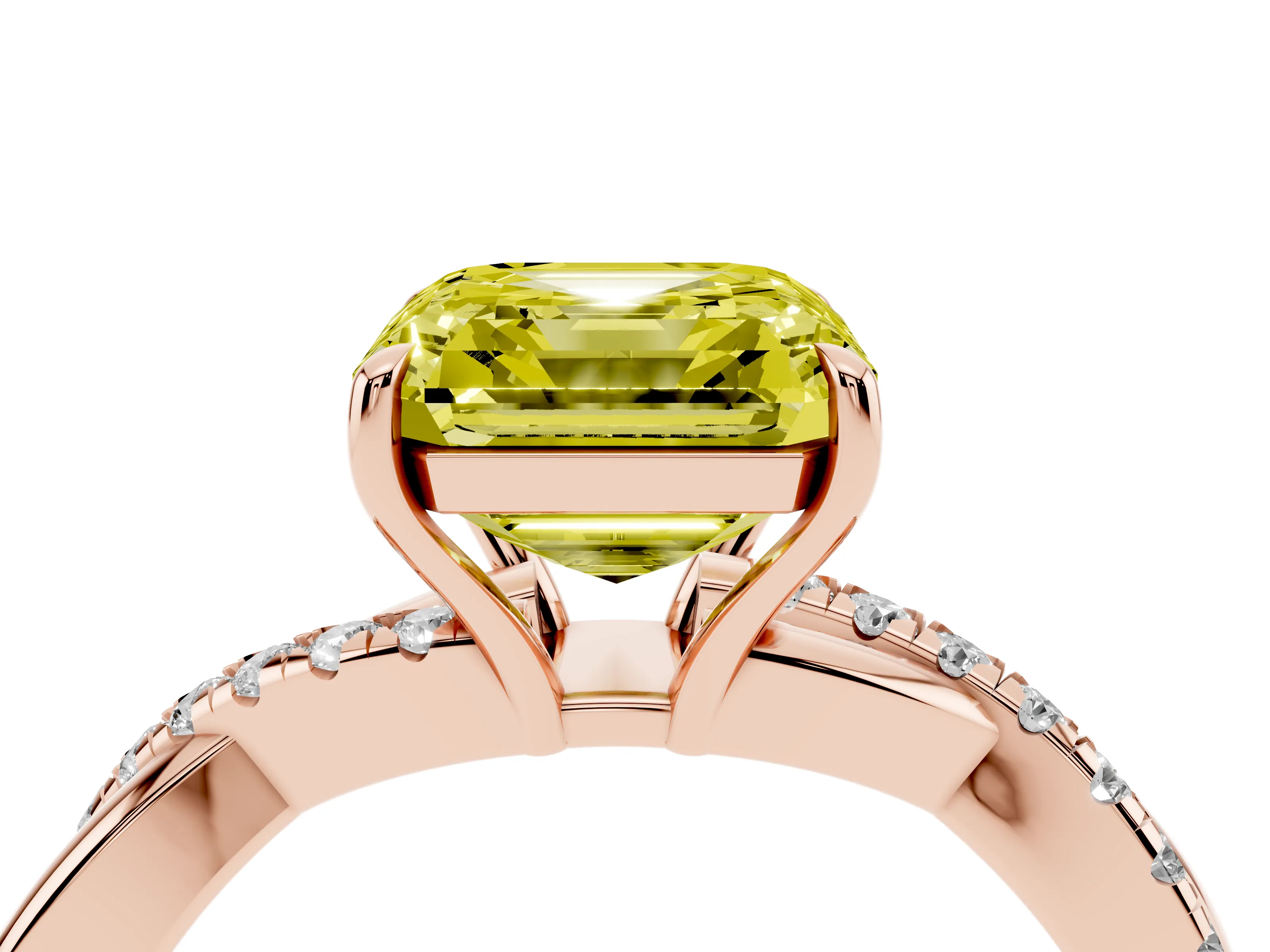 Fancy Yellow Asscher Cut Diamond Twisted Pavé Band Ring Set in Rose gold with Prong Setting