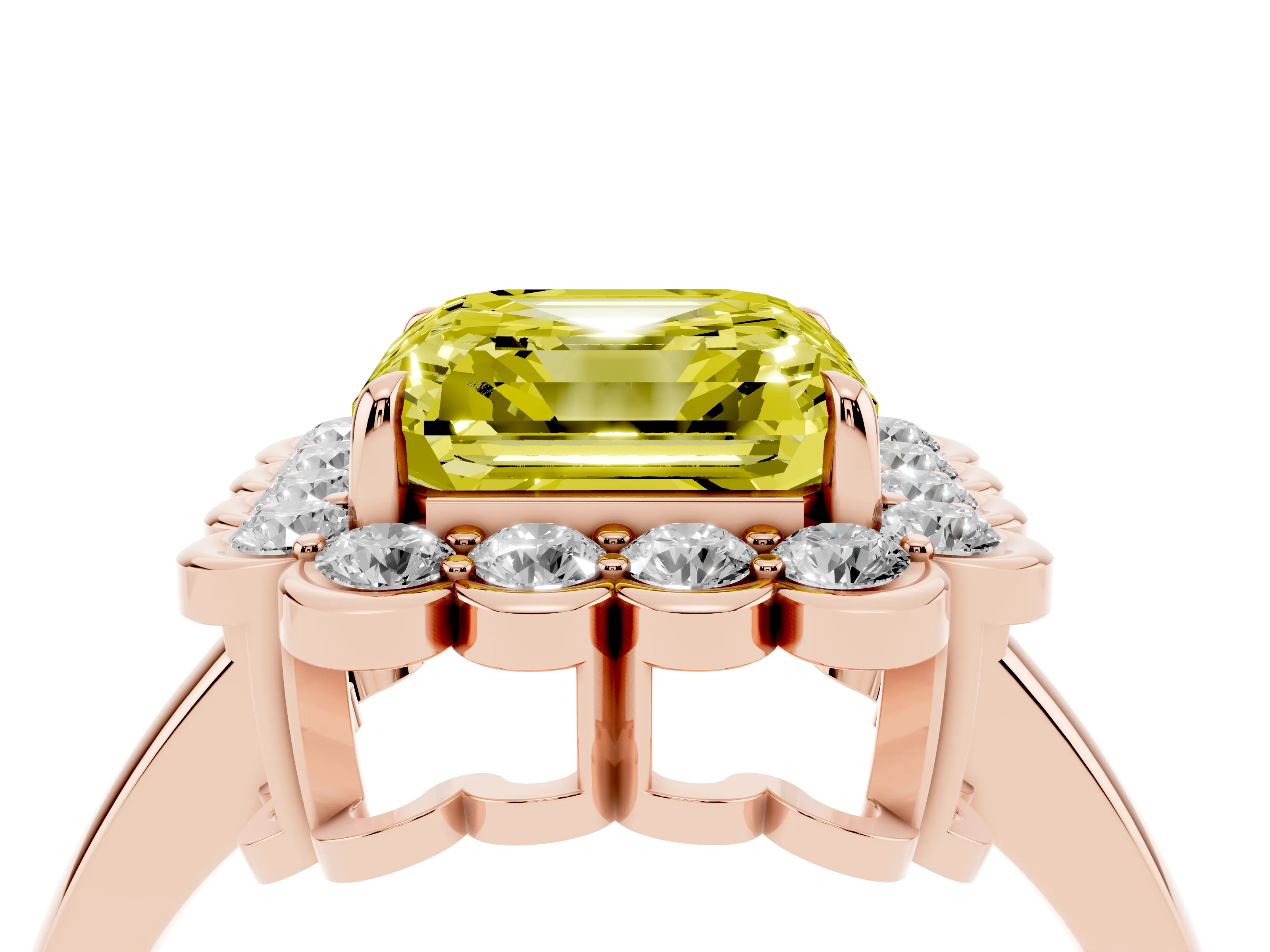 Fancy Yellow Asscher Cut Diamond Halo Cluster Engagement Ring Set in Rose gold with Solitaire Band and Prong Setting