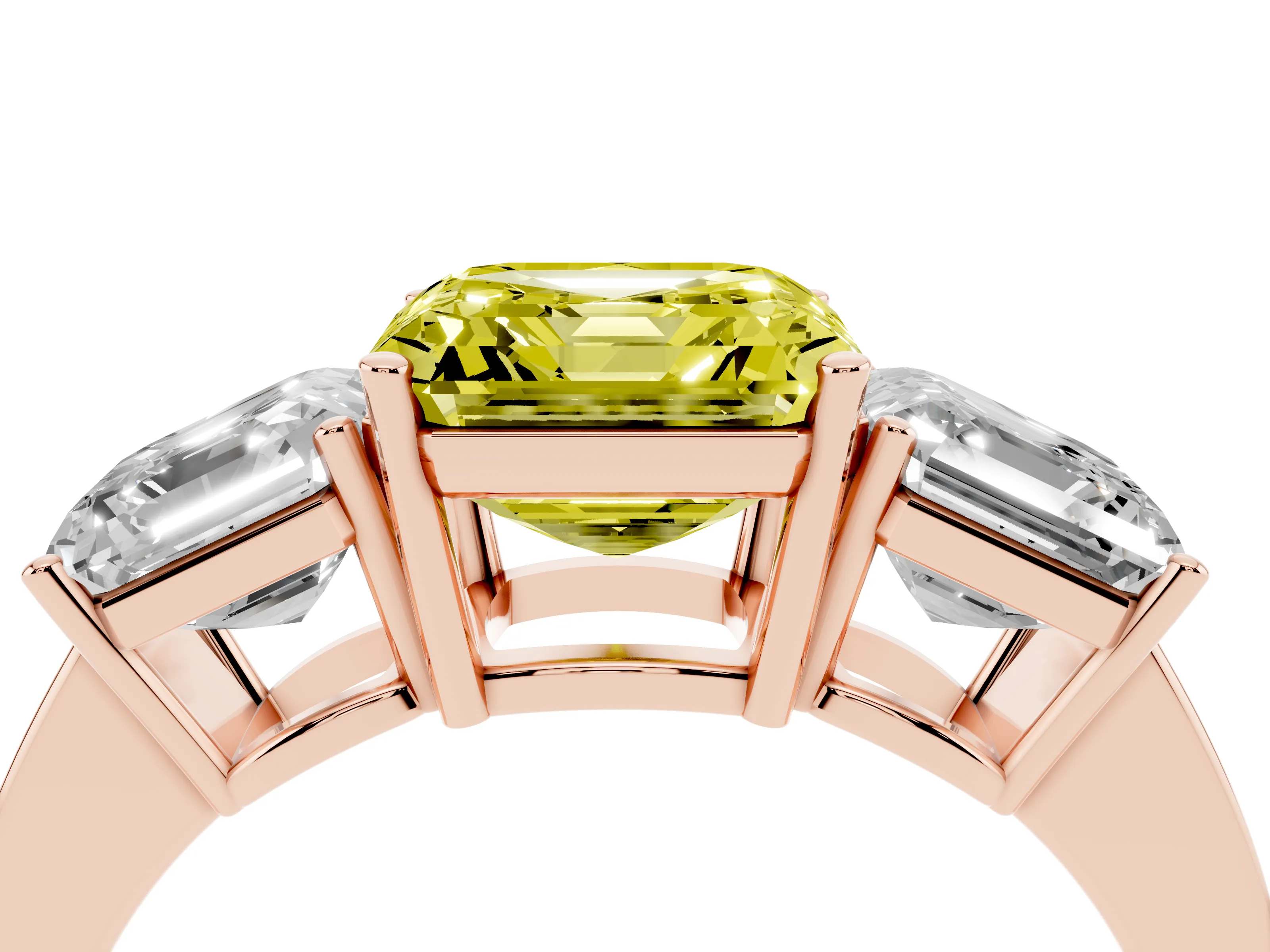 Fancy Yellow Asscher Cut Diamond Three-Stone Engagement Ring Set in Rose gold with Flat Band
