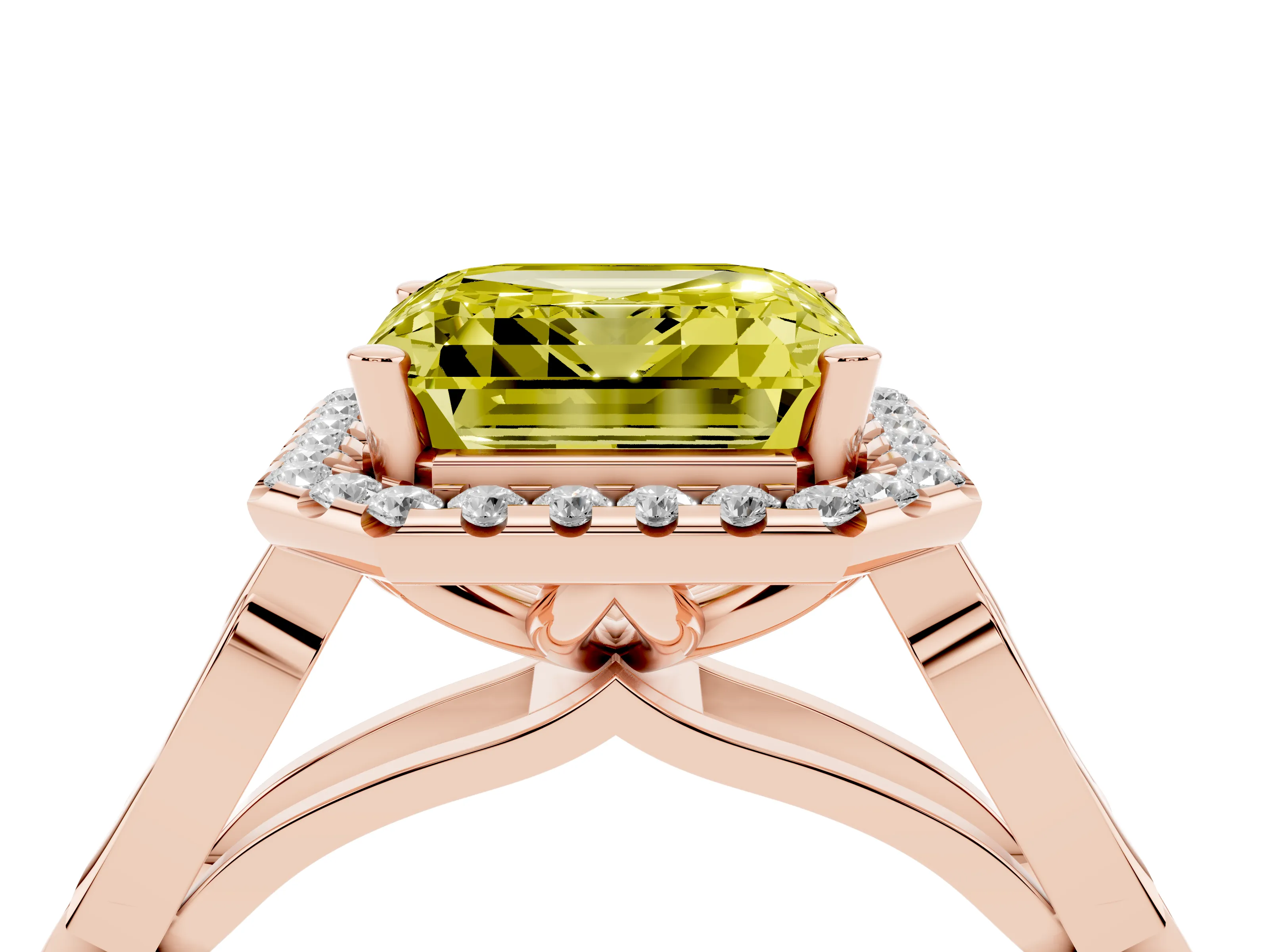 Fancy Yellow Asscher Cut Diamond Halo Engagement Ring Set in Rose gold with Filigree Band and Prong-Set Center
